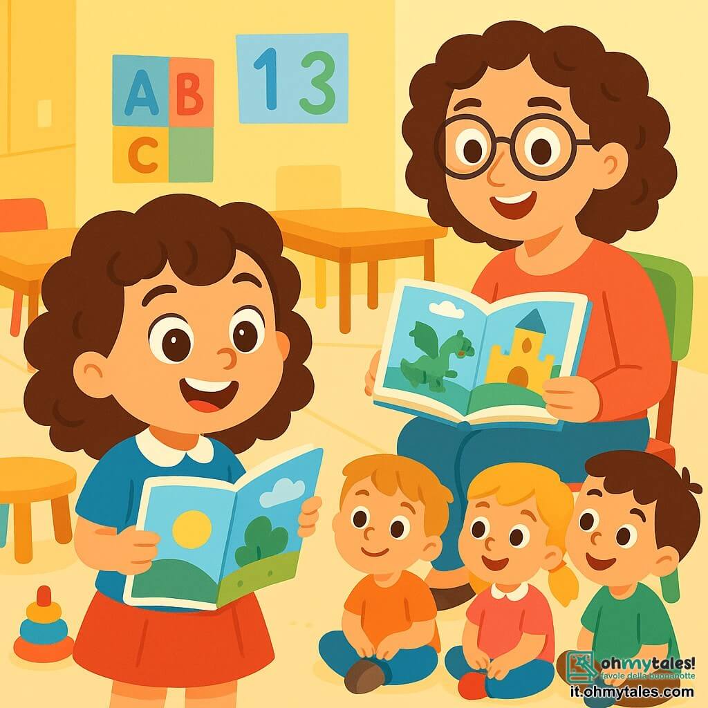Una bambina di 4 anni, Sofia, con capelli ricci castani e occhi pieni di curiosità, sorride gioiosamente mentre tiene un libro illustrato in mano. Indossa un'uniforme scolastica blu con una gonna rossa, e il suo viso esprime eccitazione e meraviglia. Accanto a lei, la Signora Anna, una donna di circa 30 anni con capelli ricci e occhiali rotondi, sorride calorosamente. Sta leggendo ad alta voce, seduta su una sedia colorata, circondata da bambini attenti. La scena si svolge in un'aula luminosa, con muri dipinti di giallo e manifesti colorati appesi, che rappresentano lettere e numeri. I tavoli di legno sono disposti in cerchio, e ci sono giocattoli sparsi sul pavimento. Sofia ascolta attentamente la Signora Anna raccontare una storia magica, i suoi occhi brillano di immaginazione, mentre gli altri bambini, seduti intorno a lei, sono catturati dall'avventura che prende vita nella stanza.