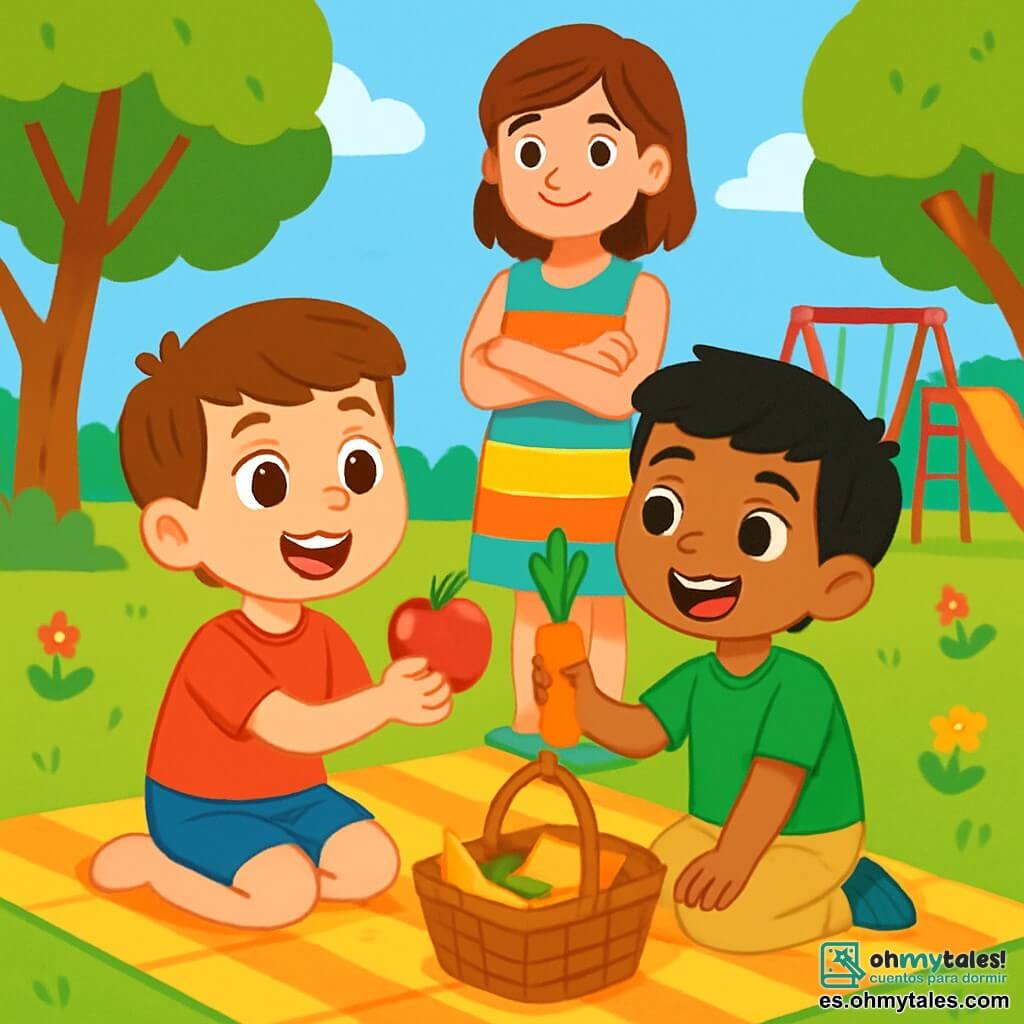 Hay 3 personajes: Tomás, un niño de 5 años con cabello castaño y ojos brillantes, que lleva una camiseta roja y un pantalón corto azul, sentado en una manta de picnic, sonriendo y sosteniendo una manzana; Diego, un niño de 5 años con cabello negro y piel ligeramente bronceada, que lleva una camiseta verde y pantalones beige, sentado al lado de Tomás, sonriendo y sosteniendo una zanahoria; y la maestra Marta, una mujer de unos 30 años con cabello castaño y piel clara, que lleva un vestido colorido y está de pie detrás de los niños, mirándolos con benevolencia, con los brazos cruzados. La escena tiene lugar en un parque soleado, lleno de árboles verdes y flores coloridas, con una manta de picnic sobre la suave hierba y risas de niños alrededor. Tomás y Diego comparten sus meriendas saludables durante un picnic, intercambiando una manzana y una zanahoria, rodeados de compañeros que observan con curiosidad, celebrando su amistad y diferencias a través de este intercambio de comida colorida y saludable.