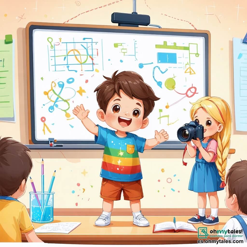 Un niño de 9 años, Lucas, con cabello castaño claro y ojos brillantes, se encuentra en el centro de la imagen, sonriendo con entusiasmo mientras presenta su proyecto de ciencias frente a su clase. Lleva una camiseta colorida y un short, y sus manos están levantadas, mostrando su pasión por el tema. A su derecha, Sara, una niña de 9 años con trenzas rubias y una cámara al cuello, lo anima con una gran sonrisa, lista para capturar este momento especial. A su izquierda, Diego, un niño de 9 años con cabello rizado y piel bronceada, aplaude con entusiasmo, mostrando su apoyo a su amigo. El escenario es un aula luminosa y acogedora, con paredes decoradas con dibujos de niños y un gran pizarrón al fondo. La situación principal muestra a Lucas, lleno de orgullo y emoción, compartiendo su proyecto sobre el ciclo del agua, mientras sus compañeros lo escuchan atentamente, creando una atmósfera de camaradería y aprendizaje alegre.