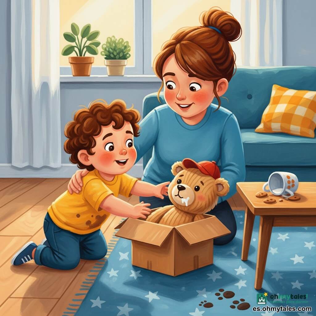 Un niño de 2 años, Nico, sonriente y curioso, gateando, cabello castaño rizado y mejillas redondas, con una camiseta amarilla manchada de galletas, alcanza una pequeña caja de cartón abierta; su madre, unos 30 años, pelo castaño recogido en moño, arrodillada a su lado con la mano sobre su hombro derecho y mirada benevolente hacia la caja; un osito de peluche beige acanalado asoma medio dentro de la caja con una pequeña mancha de leche en el hocico y una gorrita roja; sala luminosa con suelo de madera clara, alfombra azul con estrellas, mesa baja de madera con una taza volcada y migas, luz cálida de mañana entra por una ventana con cortina blanca y plantas en el alféizar; ambiente de investigación tierno y alegre con huellas pequeñas dibujadas en la alfombra que marcan la pista y expresión de asombro en Nico; estilo pintura acrílica, texturas visibles, colores vivos y contrastados, trazos suaves y contornos ligeramente redondeados.