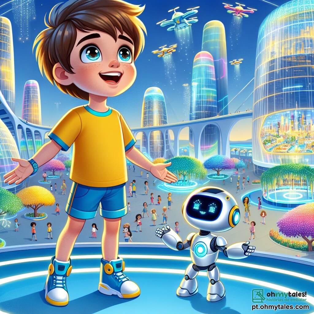 Um menino de 6 anos, chamado Léo, com cabelo castanho bagunçado e olhos brilhantes de curiosidade, está em pé em uma plataforma flutuante. Ele veste uma camiseta amarela vibrante e um short azul, e seu rosto expressa imensa alegria e admiração enquanto olha ao redor. Ao seu lado está Robi, um robô amigável em forma humanoide, com um corpo prateado e luzes coloridas piscando em seu peito. Robi, que parece um adulto, sorri enquanto mostra uma tela holográfica que projeta um mapa da cidade.

O local é Lumínia, uma cidade futurista deslumbrante, onde os edifícios de vidro colorido brilham sob um céu azul claro. Carros voadores deslizam suavemente pelo ar, e jardins suspensos com flores vibrantes acrescentam um toque de magia ao ambiente. Crianças brincam com drones luminosos nas ruas, criando uma atmosfera alegre e dinâmica.

A cena principal mostra Léo e Robi na plataforma, prontos para decolar em novas aventuras, com Léo olhando para o céu com admiração e Robi apontando para o mapa holográfico, explicando seu próximo destino.