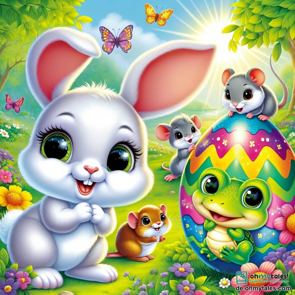 Ein kleiner Hase namens Max mit weichem, weißem Fell, großen Ohren und neugierigen, funkelnden Augen steht vor einem großen, bunten Osterei, das in der Sonne glänzt. Max lächelt fröhlich, seine Vorderpfoten auf dem Ei, bereit es zu öffnen. Neben ihm schaut eine kleine Maus namens Mia mit grauem Fell und runden Augen fasziniert auf das Ei, ihre kleinen Pfoten erhoben vor Aufregung. Ein frecher Frosch namens Felix mit glänzender grüner Haut und gelben Flecken hüpft fröhlich im Hintergrund mit einem breiten Lächeln. Schließlich steht eine bunte Schildkröte namens Tina mit einem lebhaft gemusterten Panzer neben Max und beobachtet die Szene neugierig. Die Kulisse ist ein wunderschöner Frühlingswald, gefüllt mit leuchtenden Blumen und Sonnenstrahlen, die durch die Blätter der Bäume filtern. Schmetterlinge tanzen in der Luft und verleihen der Umgebung einen Hauch von Magie. Die Hauptsituation zeigt Max und seine Freunde, die das geheimnisvolle Ei entdecken, umgeben von der Schönheit des Frühlings, bereit, gemeinsam ein aufregendes Abenteuer zu erleben.