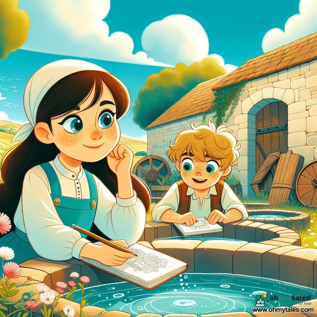 A 12-year-old girl named Mira, with long brown hair and sparkling curious eyes, is sitting on the stone wall of an old washhouse. She has a thoughtful expression and a slight smile on her face, holding a sketchbook in her hands. Next to her, a 10-year-old boy with messy blond hair and freckles is carefully observing a small map he has drawn, sitting on the ground beside her. The washhouse is a charming place, with stone basins filled with clear water, surrounded by wildflowers and old walls covered in ivy. The sky is a bright blue, dotted with fluffy white clouds, and the sun shines gently, creating a peaceful atmosphere. Mira and the boy exchange ideas about their dreams and questions, while the water in the basins softly murmurs, adding a soothing melody to their conversation.