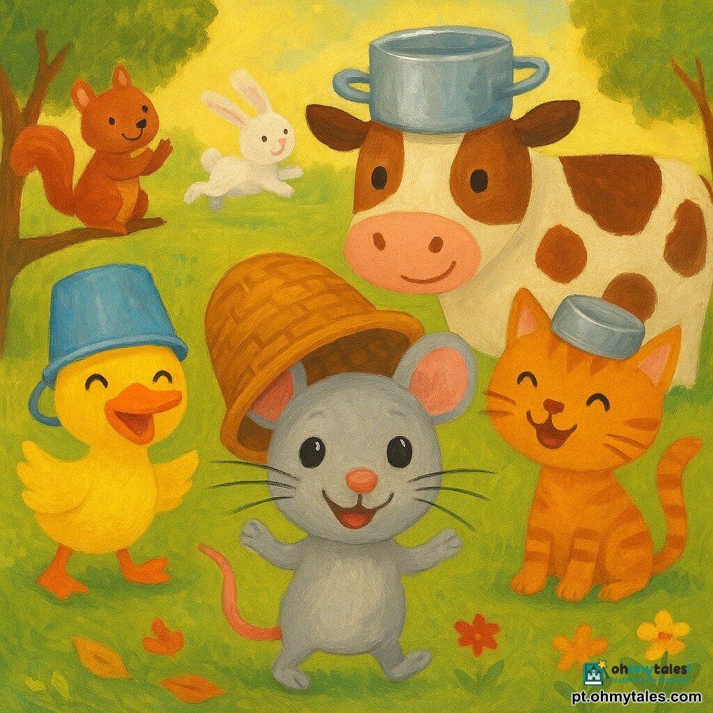 Um pequeno rato esperto de pelo cinza claro e grandes olhos negros brilhantes sorri, usando um cesto virado como chapéu e mostrando bigodes longos; ao lado, um pato amarelo vivo com penas lisas segura um balde azul na cabeça e ri, à esquerda do rato; atrás, uma vaca redonda malhada de branco e marrom usa uma grande panela prateada como chapéu; à direita, um gato laranja listrado com patas delicadas tem uma pequena tampa de metal inclinada na cabeça; um esquilo ruivo aplaude em um galho baixo e um coelho branco salta ao fundo; clareira de grama macia com folhas amarelas e vermelhas no chão, flores silvestres, árvores de troncos marrons e folhagem verde, luz matinal quente dourada; cena lúdica e colorida de animais em desfile formando um semicírculo ao redor do rato, acessórios de cozinha virados em chapéus, atmosfera doce e divertida; estilo pintura acrílica, cores vibrantes, contornos suaves, texturas visíveis de pincel, acessível para crianças pequenas.