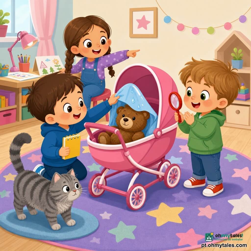 Há quatro personagens: Tomás, menino de ~3 anos, cabelos castanhos curtos, ajoelhado à esquerda do grande carrinho, segurando um pequeno caderno amarelo e levantando delicadamente uma toalha úmida; Rui, menino de ~3 anos, cabelos castanho-claro, em pé à direita do carrinho com uma lupa vermelha, aplaudindo sorrindo para o ursinho; Ana, menina de ~7 anos, cabelos longos e trançados, sentada perto de uma mesa de desenho, apontando alegremente para o carrinho; Bolinha, gato cinzento às riscas, pelagem felpuda, sentado num pequeno tapete junto ao carrinho com a cauda erguida e olhar curioso para o ursinho. Local: quarto de brincar luminoso com chão de madeira clara, tapete colorido com estrelas, prateleiras baixas com blocos e carros e uma grande janela que deixa entrar um raio de sol; pequenas gotas brilham na toalha sobre o carrinho. Situação: os dois pequenos investigadores descobriram um ursinho marrom de pelúcia escondido sob uma toalha húmida num grande carrinho rosa; vêem-se gotas brilhantes, um caderno aberto com desenhos simples e uma lupa em primeiro plano; ambiente suave, expressões surpresas e alegres, cores pastel e formas arredondadas, composição centrada no carrinho e nas crianças.