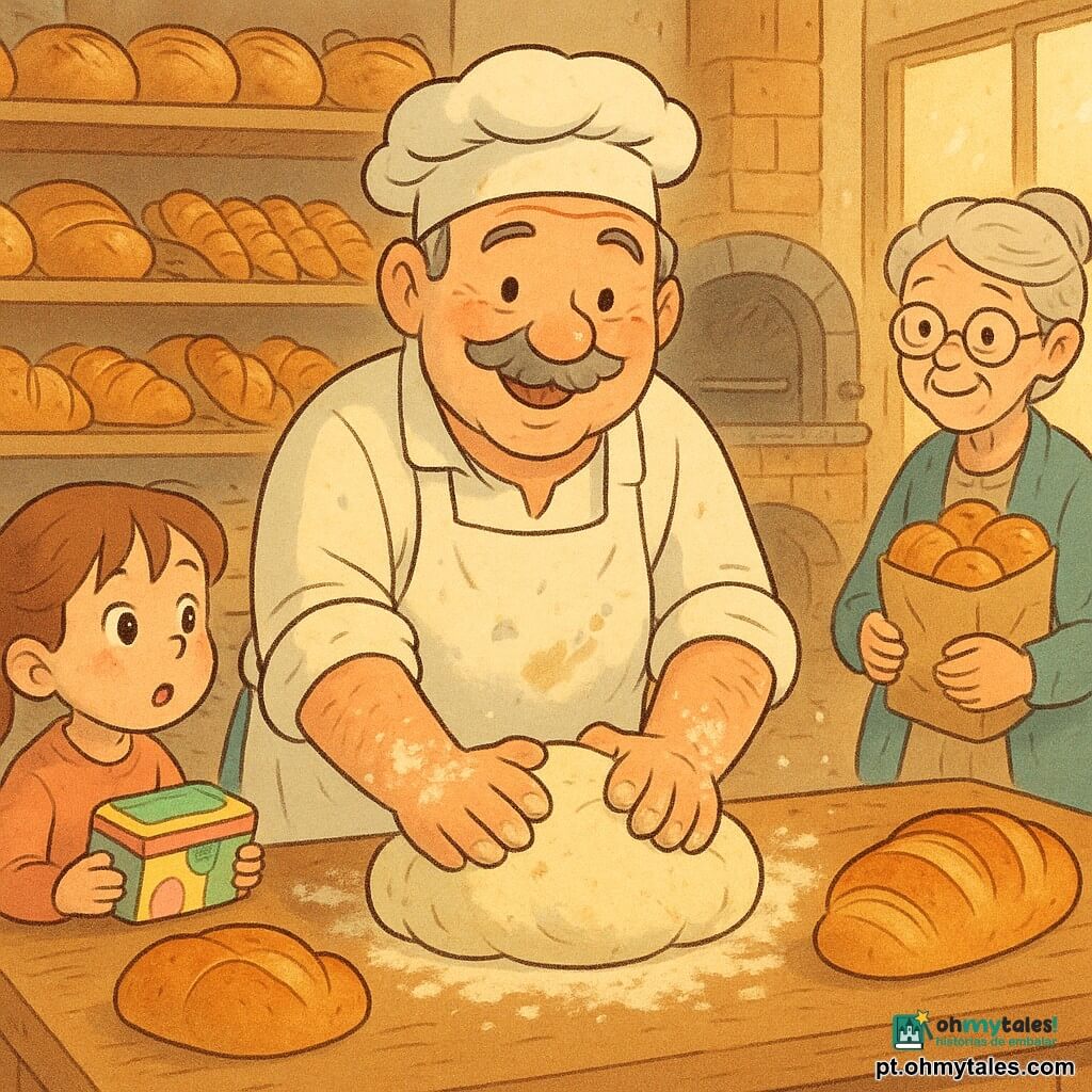 Um padeiro de rosto redondo e bigode grisalho, sorriso caloroso e olhos cintilantes, veste um avental branco salpicado de farinha e amassa uma grande bola de massa sobre uma mesa de madeira, mãos enfarinhadas e mangas arregaçadas; à esquerda, uma menina de cerca de 7 anos, cabelo castanho em rabo de cavalo, olhar maravilhado, segura uma lancheira colorida e observa o pão quente; à direita, uma idosa de cerca de 70 anos, cabelo prateado em coque e óculos redondos, sorri suavemente segurando um saco de papel com brioches junto à vitrine; fundo com padaria acolhedora, prateleiras de madeira cheias de pães dourados e croissants, um grande forno antigo de tijolos com porta metálica entreaberta, luz dourada matinal por uma janela embaçada, partículas de farinha no ar, atmosfera quente e íntima, foco no gesto de amassar, expressões alegres, estilo banda desenhada suave, traços nítidos, paleta pastel quente, alta resolução.