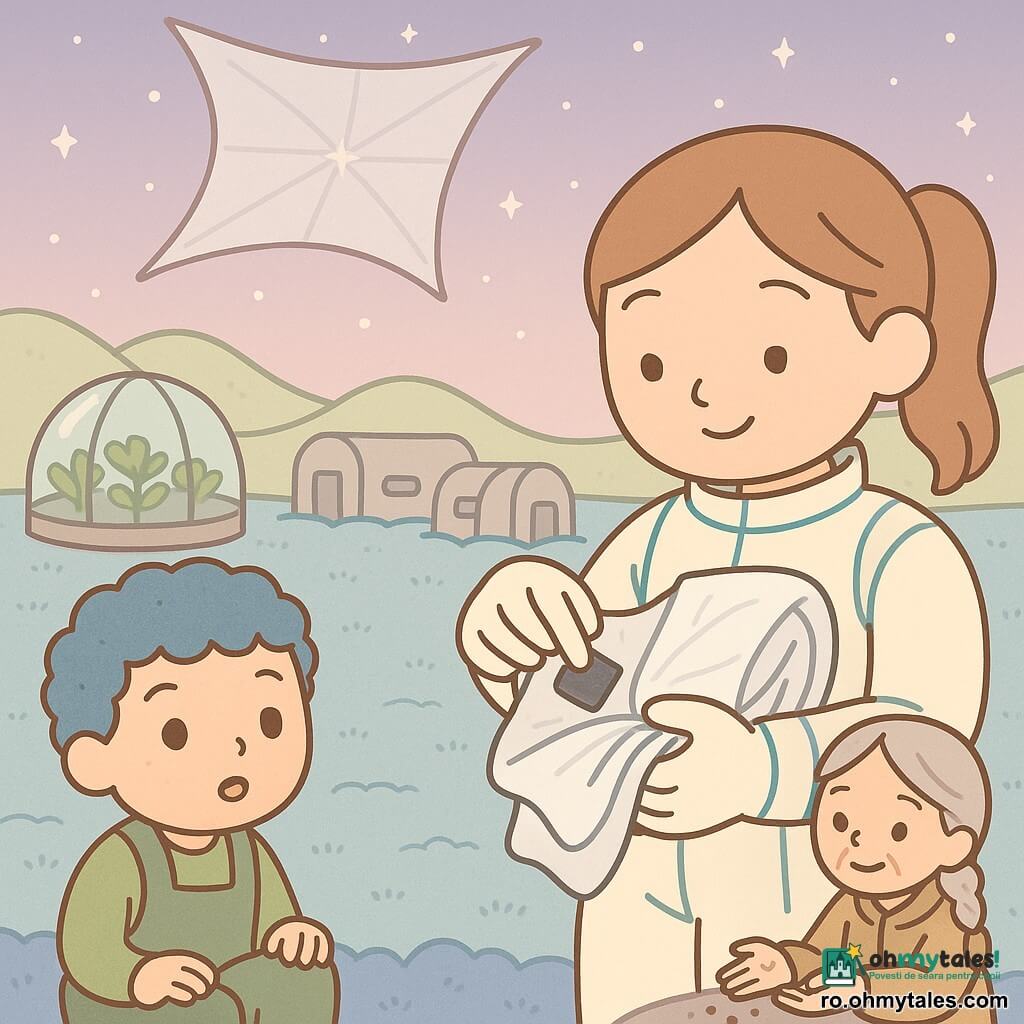 O exploratoare zâmbitoare și senină, păr șaten deschis prins în coadă, în costum spațial crem cu cusături turcoaz, ține o pânză solară argintie pliată și fixează un patch negru din nanofibră; lângă ea, la stânga, un băiat de circa 8 ani cu păr creț prăfuit de sol albastru, în salopetă verde, o privește uimit; în spate, o femeie de ~60 de ani cu păr gri împletit și palton maro deschis întinde mâinile spre o grămadă de semințe și zâmbește, lângă sera din fundal; totul are loc într-o colonie nouă pe o câmpie domoală de mușchi albastru și dune verzi pal, cu sere rotunde de sticlă, module metalice reciclate, un cer violet pal presărat cu stele și o vele solară strălucitoare deasupra; scena arată repararea calmă a unei vele solare înconjurată de localnici primitori, atmosferă caldă, culori pastel, forme rotunjite.