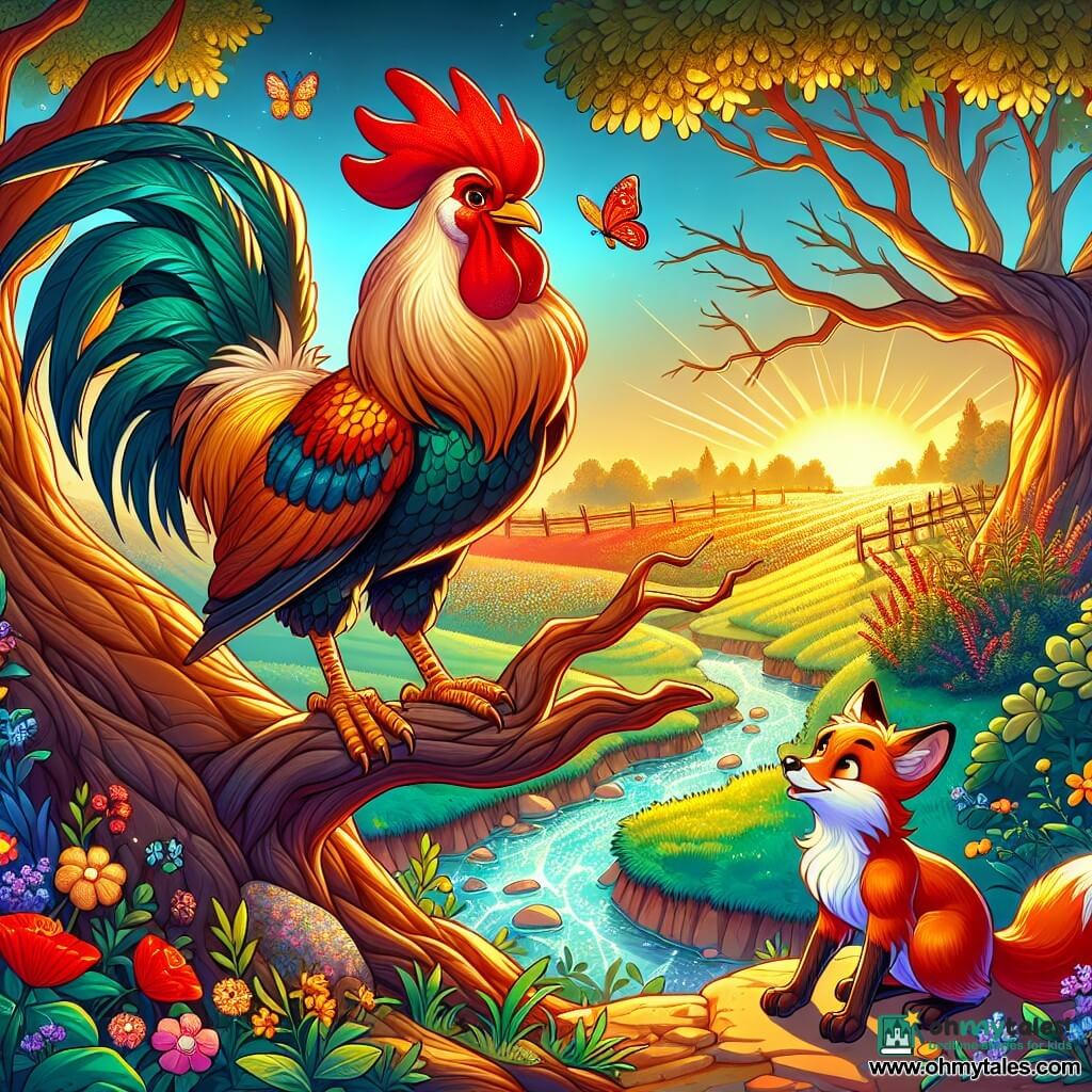 A majestic rooster with golden and red feathers, determined eyes, and a slight smile stands proudly on a branch of an old oak tree. Next to him, a small fox with bright eyes and a reddish coat, trembling with excitement, admires the rooster. In the background, a sparkling stream winds through a field of wildflowers, where colorful butterflies dance in the air. The scene takes place at sunrise, bathing the landscape in soft, golden light. The rooster, ready to help the fox trapped in the bushes, spreads his wings courageously, while the hopeful fox waits for his assistance with a confident look.