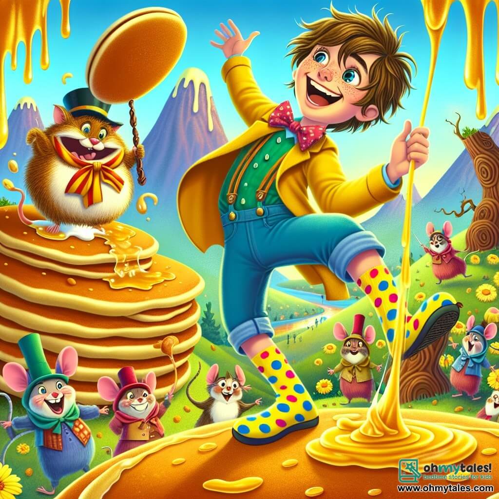 An 11-year-old boy named Oliver, with messy hair and sparkling curious eyes, wears mismatched socks: one yellow with blue polka dots and one green striped with pink. He bursts out laughing, arms raised, as he dances on a mountain of giant pancakes, surrounded by syrup flowing like a golden waterfall. Beside him, Sir Snickerdoodle, a fluffy little creature with big round eyes and a top hat, joyfully twirls in the air, laughing with Oliver. Nearby, a group of mice in colorful capes, cheese thieves, slide on the syrup, their faces showing surprise and amusement. The setting is an enchanted valley, where pancake mountains rise under a bright blue sky dotted with candy-shaped clouds. Chocolate-trunked trees and singing flowers add a touch of magic to this whimsical scene. The main action shows Oliver and Sir Snickerdoodle dancing and laughing while the mice slide and try to join them, creating a joyful and absurd atmosphere full of bright colors and smiles.