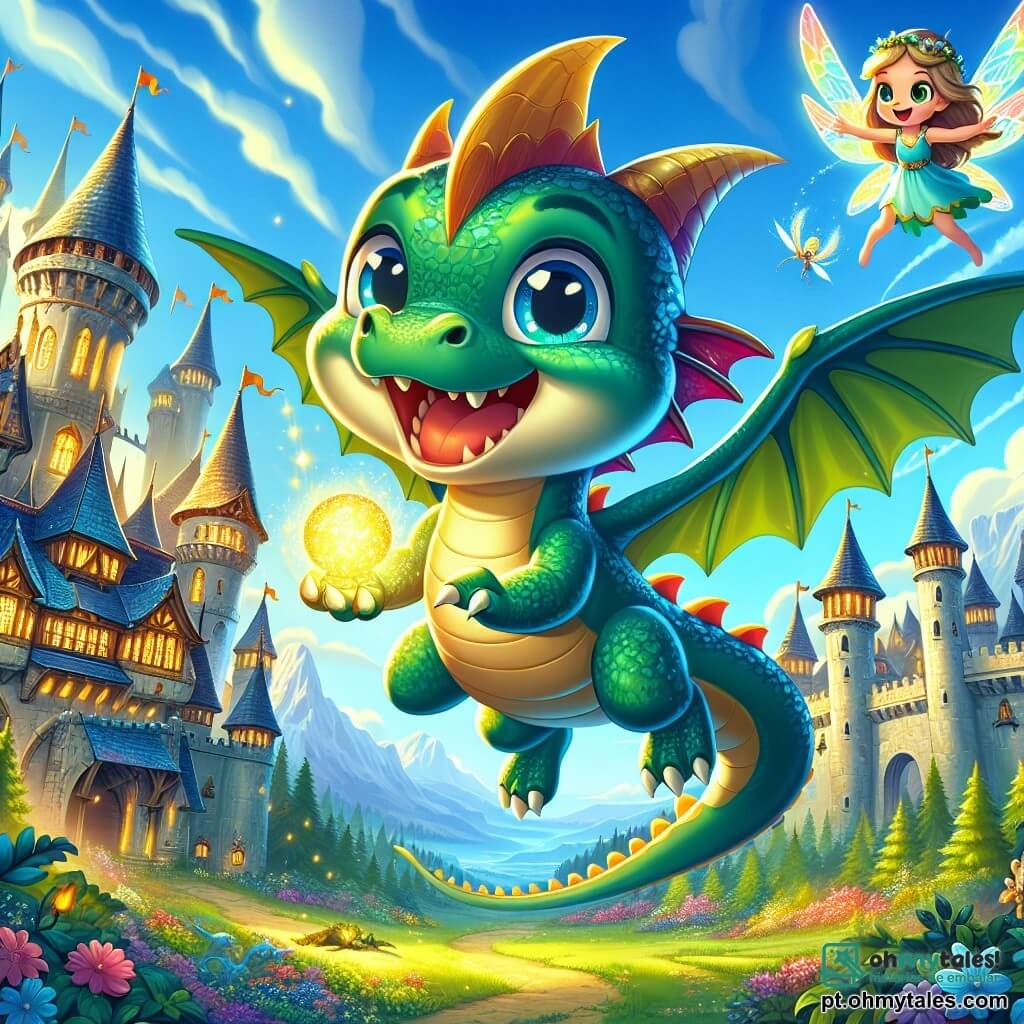 Zico, um pequeno dragão com escamas verdes brilhantes, grandes olhos curiosos e um sorriso travesso, voa alegremente no céu azul acima de um majestoso castelo medieval. Ele despliega suas asas coloridas iluminadas pelo sol, cheio de excitação e determinação. Ao seu lado, Fina, uma fada com asas douradas cintilantes, flutua no ar com um olhar encorajador e um sorriso caloroso, segurando uma pequena esfera luminosa nas mãos. O castelo ao fundo é cercado por torres elegantes, bandeiras tremulando e jardins floridos, enquanto uma floresta densa se estende no horizonte. A cena captura o momento em que Zico se prepara para enfrentar o dragão maligno Grizor, que ruge com raiva, suas escamas escuras e ameaçadoras contrastando com a luz alegre de Zico e Fina.