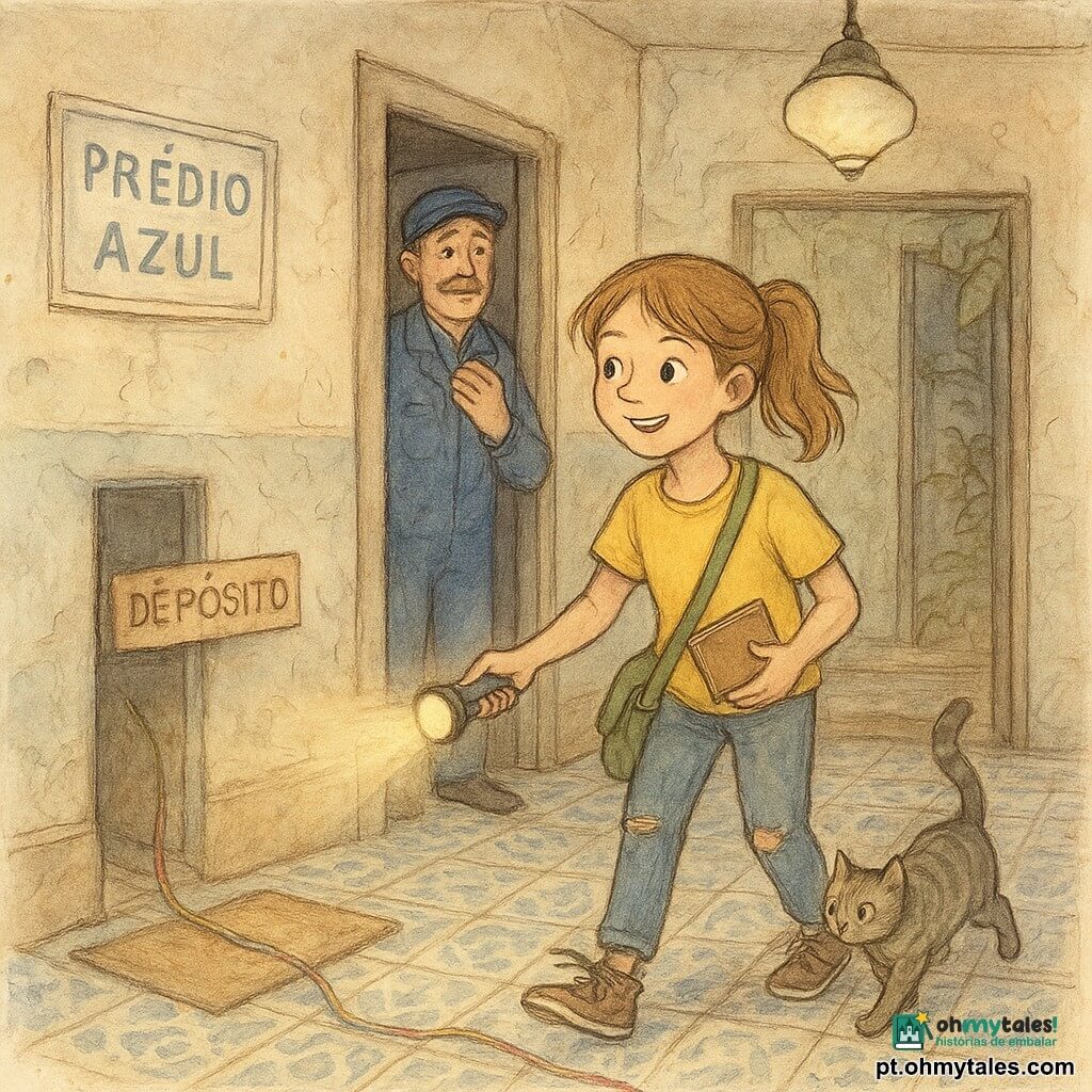 Uma menina de 10 anos, sorridente e determinada, cabelo castanho-claro em rabo, camiseta amarela e jeans surrado, segura uma pequena lanterna acesa e um caderno; ela tem olhos vivos, joelhos arranhados e uma pequena bolsa verde de exploradora. Perto de uma porta de serviço do antigo hall chamado "Prédio Azul" — piso com azulejos azuis, paredes levemente descascadas, capacho gasto e lâmpadas de vidro fosco emitindo luz quente — um porteiro de cerca de 60 anos, bigodudo, com jaqueta azul e boné, olha aliviado, mão no peito. Um gato cinza às riscas passa por baixo de um tapete junto a um fio de barbante multicolorido que sai de um depósito escuro com placa "depósito" em madeira; a portinha do jardim está entreaberta com folhas amassadas. A menina investiga a pista do barbante com a lanterna, pronta para seguir a aventura e encontrar o apito ou o sino desaparecido.