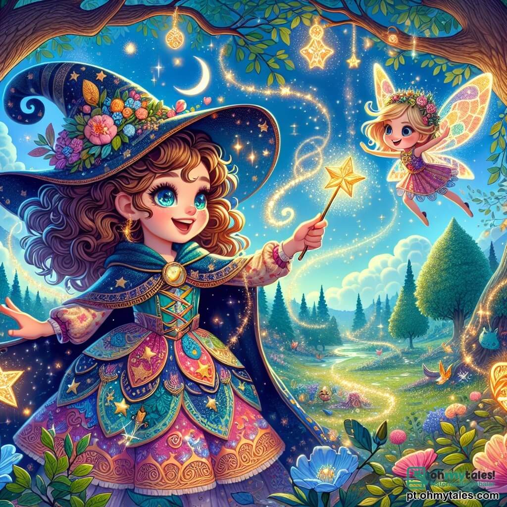 Clara, uma aprendiz de bruxa de dez anos, está no centro do palco, com cabelos cacheados e olhos brilhantes como estrelas. Ela usa um vestido de bruxa colorido, decorado com padrões de luas e estrelas, e segura uma varinha mágica cintilante, com um rosto que expressa uma determinação alegre enquanto prepara um feitiço. Ao seu lado, Lila, uma pequena fada com asas cintilantes, voa ao seu redor. Ela tem cabelos dourados e usa um vestido feito de pétalas de flores, sorrindo entusiasticamente, pronta para ajudar em sua missão. Ao fundo, vê-se a floresta encantada, com árvores majestosas e folhas de cores vibrantes, flores luminosas e um céu azul claro com nuvens suaves. A cena principal mostra Clara e Lila reunindo ingredientes mágicos para quebrar uma maldição, cercadas por uma aura de magia e luz, enquanto pequenas criaturas encantadas as observam com curiosidade.