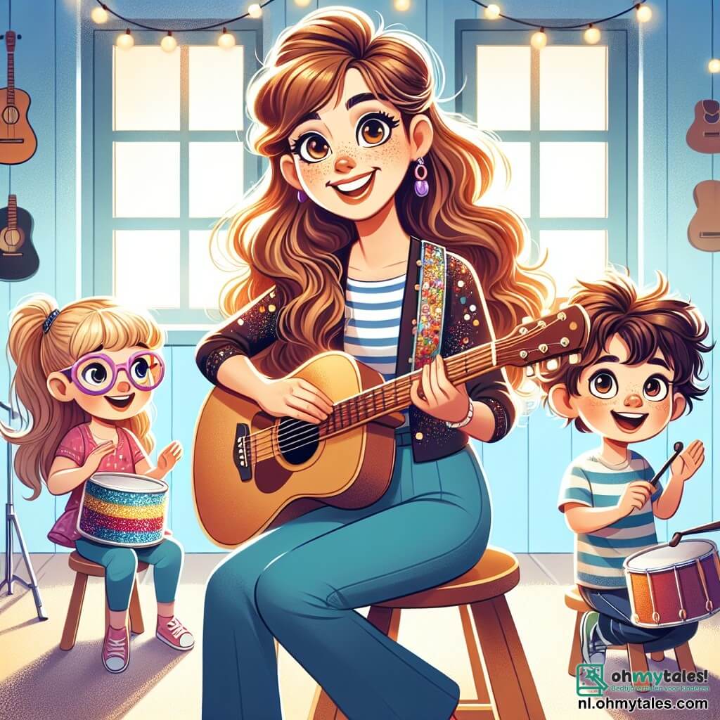 Luna, een vrolijke vrouw met lange golvende kastanjebruine haren, zit op een houten kruk en speelt gitaar met een grote glimlach op haar gezicht, haar ogen stralend van passie voor muziek. Sam, een meisje van ongeveer 8 jaar met een paardenstaart en kleurrijke brillen, staat naast haar en klapt in haar handen op de muziek, haar gezicht verlicht door opwinding. Max, een jongen van 9 jaar met krullend haar en een gestreepte shirt, zit op de grond met een trommel en kijkt met bewondering naar Luna, klaar om te spelen. De scène speelt zich af in een grote, lichte zaal vol kleurrijke muziekinstrumenten, met lichtblauwe muren en ramen die zonlicht binnenlaten, wat een warme en uitnodigende sfeer creëert. Luna leert de kinderen samen muziek maken, en ze hebben plezier met spelen en zingen, waardoor de ruimte gevuld wordt met vreugde en energie, allemaal verenigd door hun liefde voor muziek.