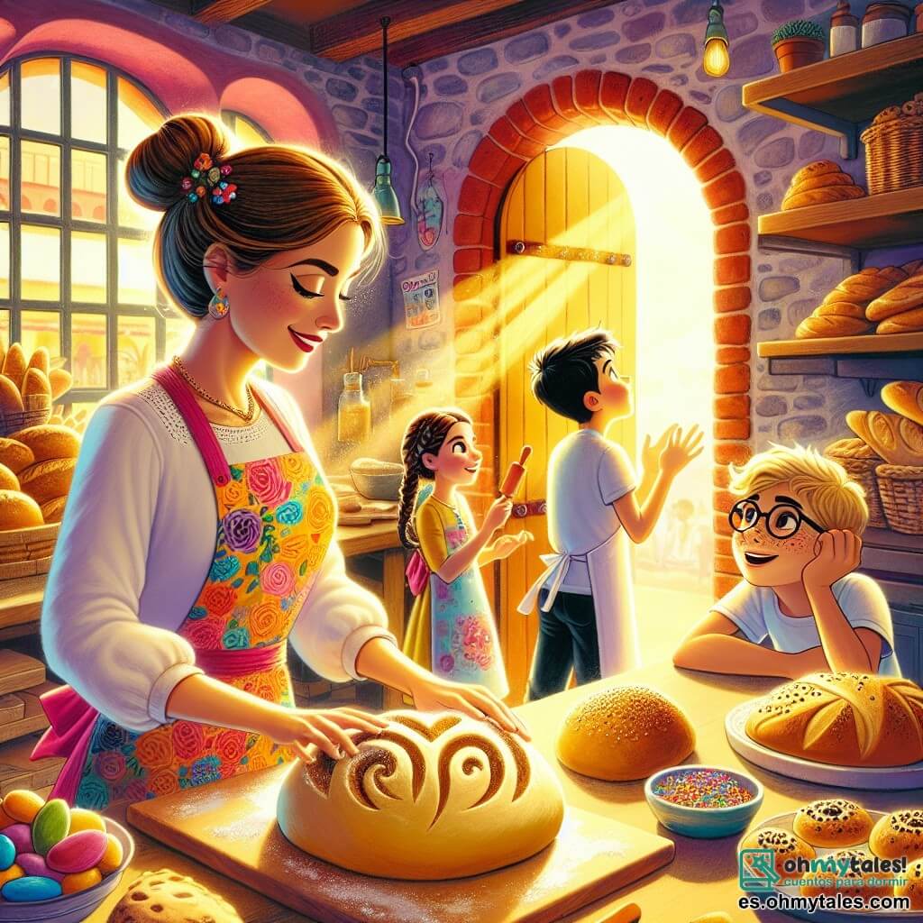 Clara, una mujer de unos treinta años, sonriente y llena de energía, se encuentra en el centro de la panadería. Tiene el cabello largo y castaño recogido en un moño, lleva un delantal colorido con motivos de panes y pasteles, y está moldeando una bola de masa en forma de corazón con sus manos. A su lado, Ana, una niña de 8 años con cabello rubio y rizado, observa con ojos asombrados, sosteniendo un pequeño rodillo. Pablo, un niño de 7 años con gafas y pecas, amasa la masa con entusiasmo, mientras que Miguel, un niño de 9 años con cabello negro y liso, mira el horno con curiosidad, impaciente por ver el pan dorado. La panadería es cálida y acogedora, con paredes de ladrillo rojo, estanterías llenas de panes dorados y pasteles coloridos, y una gran ventana que deja entrar la luz del sol. El aire está impregnado de un dulce aroma a pan y miel. La escena principal muestra a Clara y los niños creando juntos un pan en forma de corazón, llenos de alegría y emoción, mientras un horno al fondo irradia un suave calor.