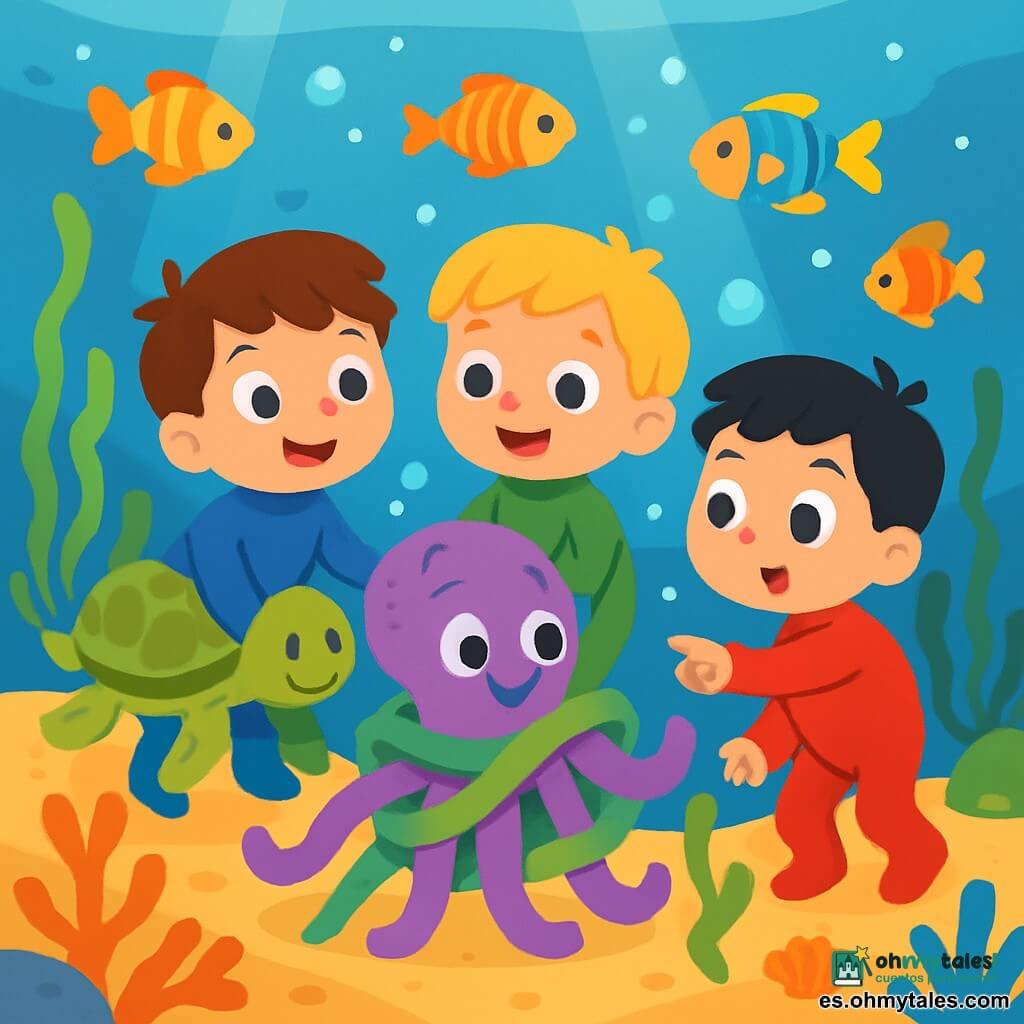 Hay 3 personajes: Leo, un niño de 3 años con cabello castaño y ojos brillantes, lleva un traje de buceo azul y sonríe alegremente mientras sostiene la mano de una octopús. Manu, un niño de 3 años con cabello rubio y ojos claros, lleva un traje de buceo verde y observa maravillado a los peces de colores que nadan a su alrededor. Nico, un niño de 3 años con cabello negro y ojos curiosos, lleva un traje de buceo rojo y señala al pulpo que danza bajo el agua. La escena se desarrolla en un jardín submarino mágico, lleno de algas ondulantes y corales multicolores, con peces brillantes que iluminan el agua. Los niños ayudan a un pulpo colorido enredado en algas, trabajando juntos para liberarlo mientras burbujas de aire flotan a su alrededor, creando una atmósfera alegre y amistosa.