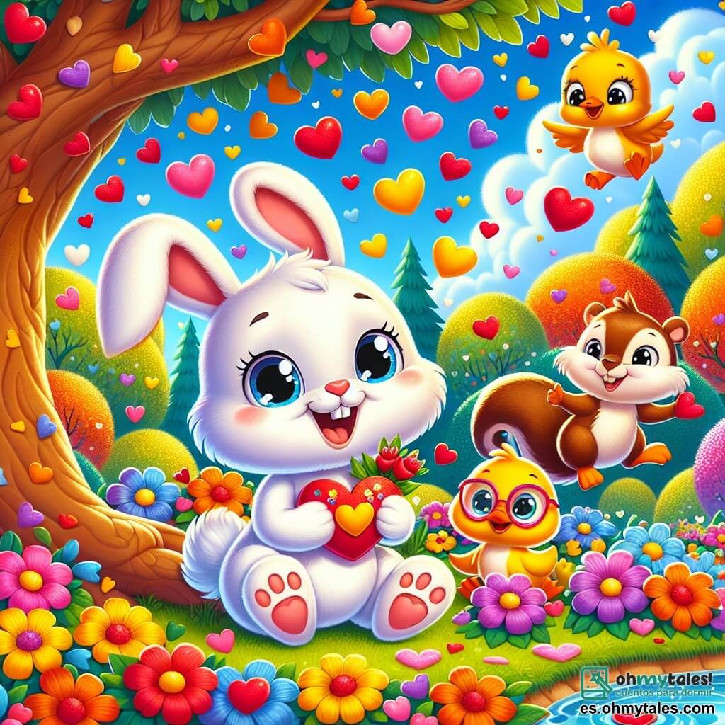 Un pequeño conejo blanco llamado Leo, con grandes orejas suaves y ojos chispeantes de alegría, está sentado bajo un majestuoso árbol, rodeado de flores brillantes. Sonríe ampliamente, sosteniendo una tarjeta de San Valentín decorada con corazones brillantes. A su lado, una ardilla marrón llamada Sofía, con una pequeña pareja de gafas redondas, sube a una rama, con los ojos muy abiertos de emoción, sosteniendo una nuez en sus patas. No muy lejos, un pato amarillo llamado Tomás nada alegremente en un estanque brillante, salpicando agua con sus alas y mostrando una gran sonrisa. El parque está lleno de flores coloridas, árboles verdes y un cielo azul claro salpicado de nubes esponjosas. Leo y sus amigos celebran alegremente el Día de San Valentín, rodeados de confeti en forma de corazones que flotan en el aire, creando una atmósfera festiva y cálida.