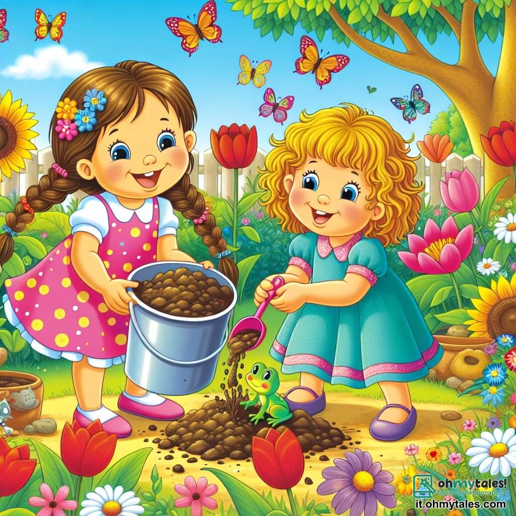 In un giardino soleggiato, due bambine di 5 anni, Nina e Lila, giocano insieme. Nina, con capelli castani e trecce, indossa un vestito rosa a pois bianchi e sorride tenendo un secchiello di plastica. Lila, con capelli biondi ricci, è vestita con una tunica blu e un pantaloncino giallo, ride mentre aggiunge terra nel secchiello. Il giardino è pieno di fiori colorati: tulipani rossi, margherite bianche e girasoli giganti che ondeggiano nel vento. Farfalle multicolori volano intorno a loro, aggiungendo un tocco magico alla scena. Sullo sfondo, un grande albero offre ombra e un piccolo prato verde invita a divertirsi. Le due amiche stanno preparando una "torta di fango" nel loro secchiello, mescolando terra e acqua con un bastone. Improvvisamente, una piccola rana verde salta fuori da un cespuglio, facendole urlare di sorpresa e ridere, creando un momento gioioso e divertente nel loro gioco.