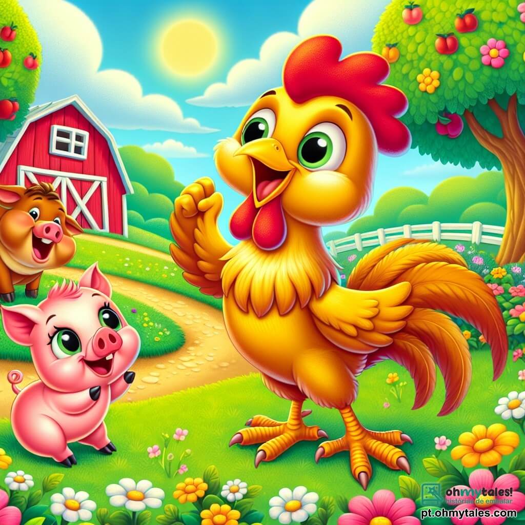Um galo chamado Gigi, com penas douradas brilhantes como raios de sol, canta alegremente no meio de um campo verdejante, seu rosto radiante de determinação e felicidade. Ao lado dele, um jovem porquinho rosa chamado Tico, com bochechas redondas e um sorriso amigável, o incentiva pulando em suas patas, enquanto uma vaca ruiva chamada Lúcia, com grandes olhos doces, os observa com admiração, um pouco atrás. O cenário é uma bela fazenda, adornada com flores coloridas, árvores frutíferas em flor e um celeiro vermelho ao fundo, sob um céu azul claro salpicado de nuvens brancas. A cena mostra Gigi e seus amigos se ajudando e cantando juntos, celebrando a amizade e a alegria de participar de uma corrida, cheios de energia e entusiasmo.