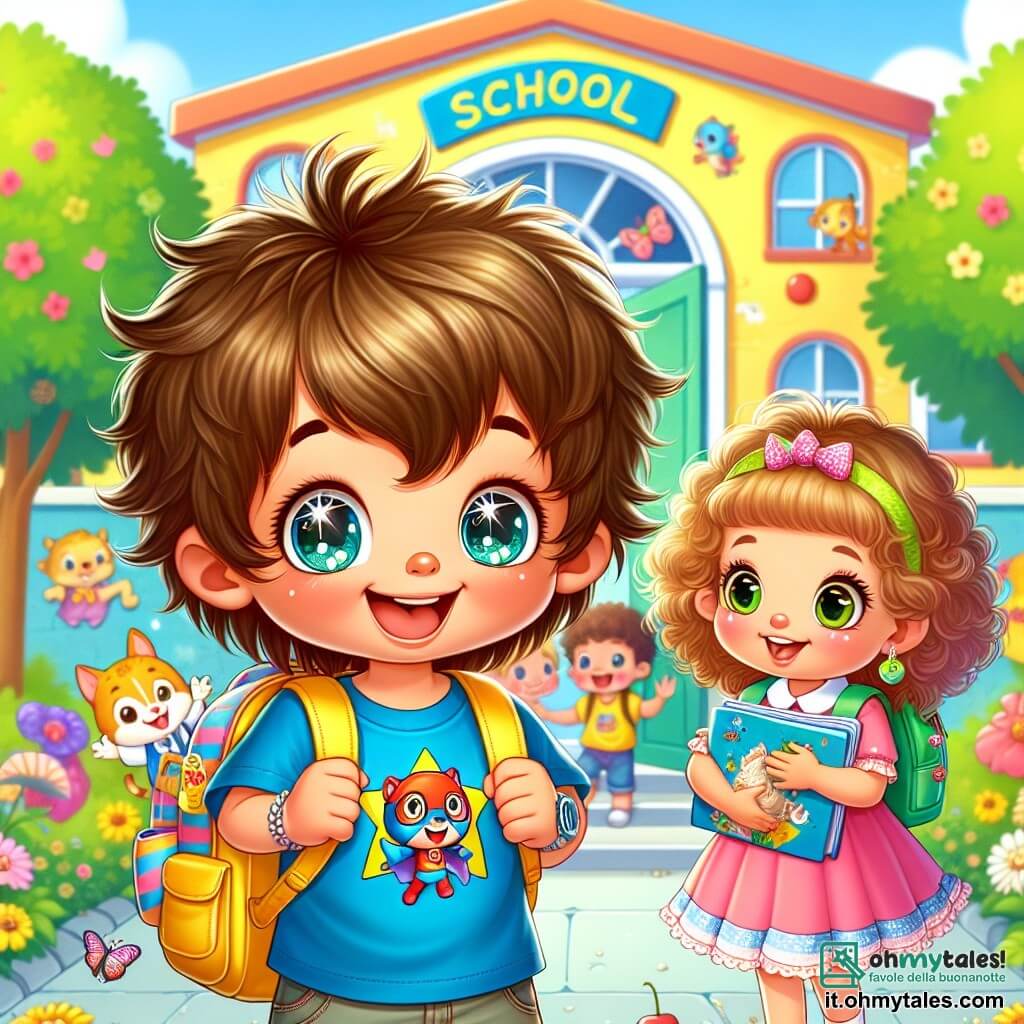 Un ragazzino di 5 anni, di nome Luca, con i capelli castani arruffati e gli occhi brillanti di curiosità, si trova davanti all'ingresso della scuola, con un grande sorriso sul volto. Indossa una maglietta blu con un supereroe e uno zainetto giallo pieno di materiali scolastici. Accanto a lui, una bambina di 5 anni, Sara, con i capelli ricci e un vestito rosa, guarda Luca con un sorriso amichevole, tenendo una bella conchiglia tra le mani. Lo sfondo è una scuola colorata, con muri gialli e disegni di animali e fiori. Si possono vedere alberi verdi e fiori colorati intorno all'ingresso, creando un'atmosfera gioiosa e accogliente. La scena mostra Luca e Sara, emozionati e un po' nervosi, pronti a entrare in classe per il loro primo giorno di scuola, circondati da altri bambini che ridono e giocano nel cortile.
