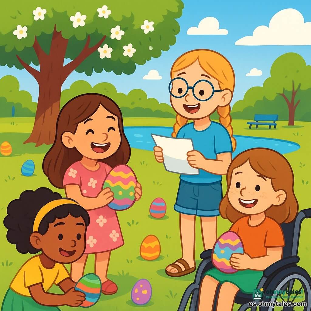 Hay 4 niños: - Lucía: una niña de 8 años, con largos cabellos castaños y ojos brillantes. Lleva un vestido rosa con flores y sostiene un huevo de Pascua colorido en sus manos. - Marta: una niña de 9 años, con trenzas rubias y gafas redondas. Lleva una camiseta azul y un short de mezclilla, y lee un poema con una gran sonrisa. - Elena: una niña de 8 años, con cabellos negros rizados y una diadema amarilla. Lleva una falda verde y sandalias, y se agacha para buscar un huevo escondido bajo un árbol. - Sofía: una niña de 7 años, con cabellos castaños y pecas. Está sentada en su silla de ruedas, rodeada de sus amigas, sonriendo mientras sostiene un huevo de Pascua decorado. La escena tiene lugar en un parque soleado, lleno de grandes árboles con flores blancas, cerca de un lago brillante. Hay bancos coloridos alrededor del parque y huevos de Pascua multicolores escondidos en la hierba verde y bajo las ramas. El cielo es azul con algunas nubes blancas esponjosas. La situación principal muestra a las cuatro amigas en plena búsqueda de huevos de Pascua, riendo y ayudándose alegremente. Lucía y Elena buscan bajo el gran árbol, mientras Marta lee el poema en voz alta, y Sofía sonríe observando a sus amigas, creando una atmósfera de felicidad y amistad.