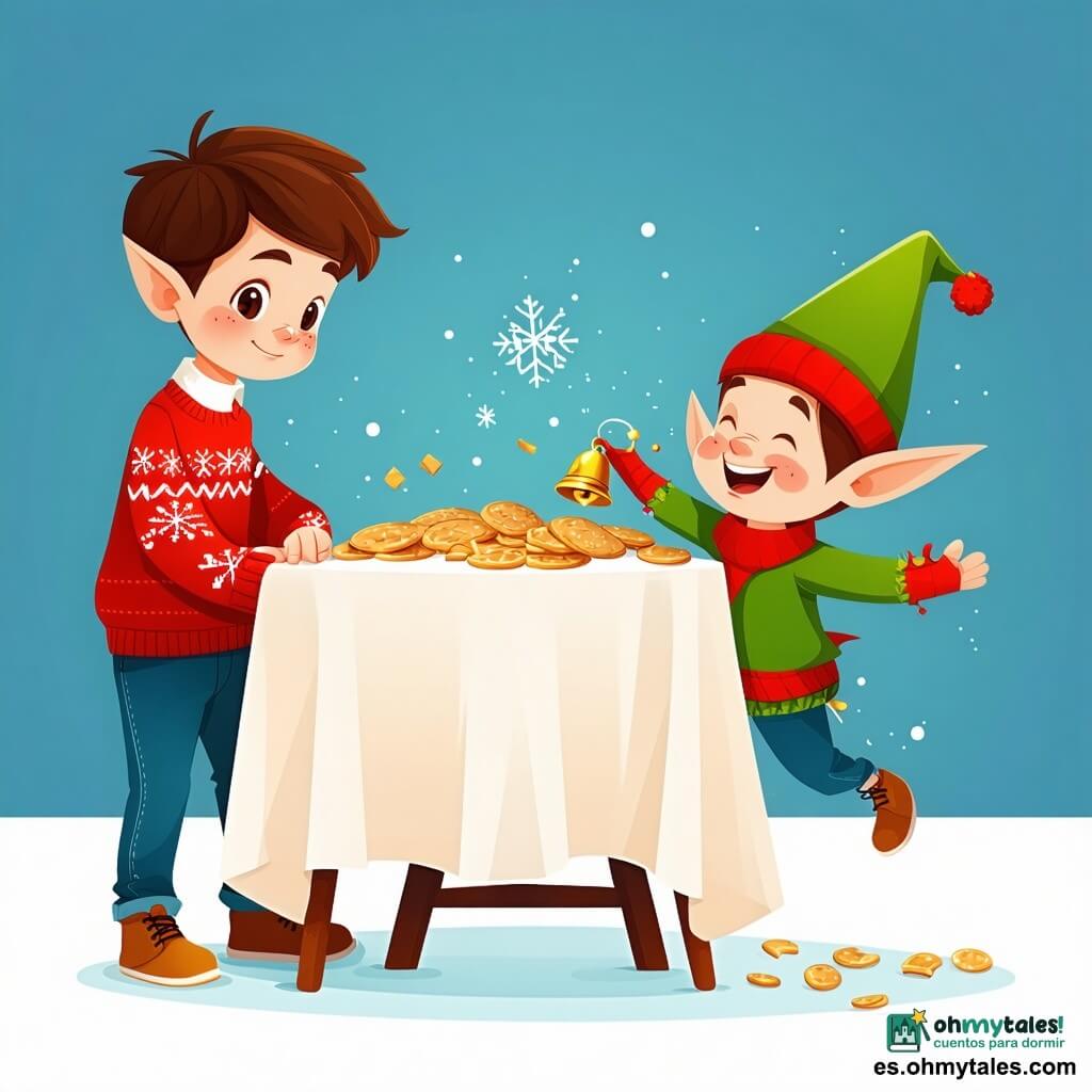 Un niño de 10 años, Lucas, con el cabello castaño despeinado y ojos brillantes de curiosidad, se encuentra en el centro de la escena. Lleva un suéter rojo con motivos de copos de nieve y un pantalón de mezclilla. Su rostro expresa alegría y asombro al descubrir una pequeña campanilla dorada escondida bajo un gran mantel.

A su lado, un duende travieso, con piel ligeramente verdosa, orejas puntiagudas y una gran sonrisa pícara, lleva un sombrero verde adornado con una pluma roja. Baila sobre la mesa, rodeado de migajas de pan y pequeños juguetes desordenados, añadiendo un toque de magia a la escena.

El decorado es una acogedora sala de estar decorada para Navidad, con un gran árbol iluminado, guirnaldas brillantes y medias colgadas en la chimenea. La suave luz de las velas crea un ambiente festivo y acogedor.

La situación principal muestra a Lucas levantando la campanilla con asombro, mientras el duende, alegre, se prepara para hacer una nueva travesura, añadiendo un toque de misterio y emoción a esta noche de Navidad.