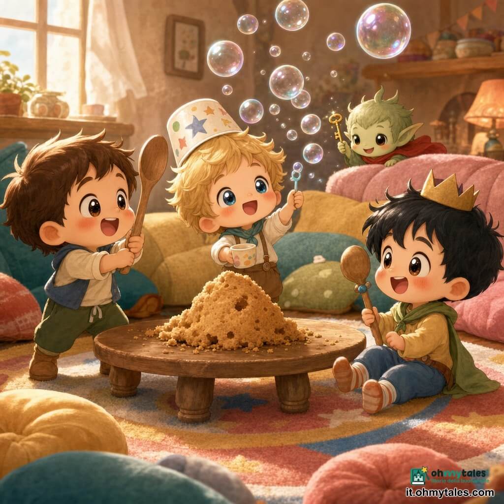 Quattro personaggi: tre bambini di 3 anni—Tito, moro con guance rotonde e grande sorriso a sinistra che tiene un grande cucchiaio di legno come spada; Lillo, biondo spettinato al centro con una tazza di carta in testa che soffia bolle; Pino, capelli neri con una piccola corona di carta a destra seduto sul tappeto che batte il piedino ridendo e brandendo un altro cucchiaio come scettro—e un minuscolo folletto verde pallido chiamato Fol con sciarpa rossa che spunta dietro un cuscino tenendo una minuscola chiave brillante. Ambientazione: salotto caldo con grande tappeto colorato a stelle e righe, tavolino in legno chiaro con una grossa briciola simile a una montagna al centro, cuscini morbidi e luce solare dolce dalla finestra. Situazione: i bambini giocano a fare finta, bolle di sapone iridescenti fluttuano ovunque, una grande bolla porta la chiave e scende verso la briciola-montagna, atmosfera fiabesca e divertente con colori pastello vivaci ed espressioni di meraviglia e complicità.