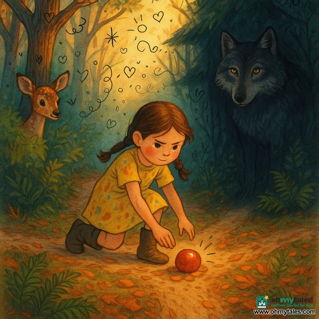 An 8-year-old girl, brave and focused, with determined rosy cheeks and brown hair in two braids, wears a paint‑splattered yellow dress and muddy boots as she places a shiny red stone at a forest path junction; a large grey wolf with amber eyes and textured fur emerges motionless from a dark thicket behind, watching her with curious reserve; a shy spotted fawn stands left behind a mossy bush with ears pricked; late‑afternoon woodland setting with interlaced trees, rough trunks, ferns, orange leaf litter and slanting sunbeams; mood: tender, suspenseful confrontation—warm oranges, reds and golds contrasted with bluish shadows, wood and moss textures, and small childlike doodles (arrows, stars, leaves) around the characters.