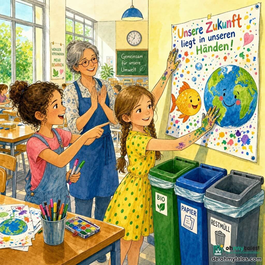 Lina, 10 Jahre, lächelnd und konzentriert, hellbraune Haare zu zwei Zöpfen, gelbes Kleid mit grünen Punkten, klebt ein großes buntes Poster bei den Recyclingbehältern; ihre Hände sind mit Farbflecken bedeckt; Yasmin, 10 Jahre, begeistert, dunklere Haut, lockiges Haar zum Dutt, hält Filzstifte und zeigt, wo ein Bild hin soll, links von Lina, einen Schritt nach vorn; Frau Engel, Lehrerin ~40, wohlwollend, graue Haare zusammengebunden, trägt eine blaue Schürze, klatscht leise und steht hinter den Kindern am Buffet; die Schulkantine ist hell mit großen Fenstern, Holztischen, gefliesten Böden, grünen/blauen/grauen Behältern in Reihe und bereits aufgehängten bunten Plakaten; Szene: die beiden Mädchen kleben pädagogische Poster zum Trennen und zeichnen einen lächelnden Fisch und eine fröhliche Erde, Farbspritzer drumherum, fröhliche, lebhafte Stimmung; Stil: klare Tuschelinien, leuchtender Aquarell-Wash, lebhafte Palette (Gelb, Blau, Grün, Rosa), Papiertextur und kleine Farbspritzer sichtbar; Komposition zentriert auf Lina, Halbnahe, kindliche Perspektive.