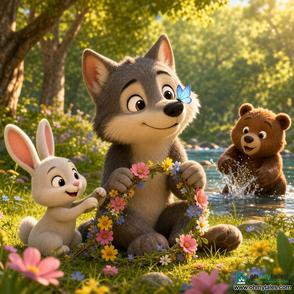 Little Wolf is the main character: a young wolf with round bright eyes and soft gray fur with cream streaks, calm content expression, sitting and holding a wildflower garland in tender warm posture. Rabbit is a secondary character: small white rabbit with large pink ears and a joyful smile, crouched close to the left of Little Wolf helping braid the garland. Little Bear is another secondary: chubby brown cub with a marveling face, gently splashing water in a stream at the right background with sparkling droplets. A pale blue butterfly rests on Little Wolf’s nose, delicate translucent wings and playful look. The setting is a sunny clearing with lush green grass, colorful flowers, gentle-trunked trees and golden light filtering through leaves, and a clear stream reflecting the sky. Scene: a peaceful, intimate moment as friends make a flower garland by the river; warm colors, soft contrasts, plush textures and a composition centered on their warm faces and the bright garland.