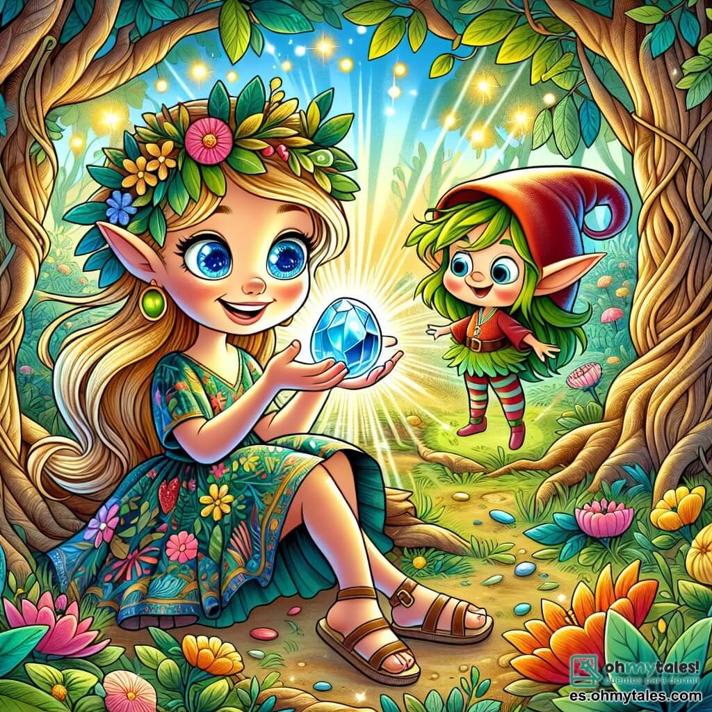 Una niña de 6 años llamada Luna está en el centro de la escena. Tiene largos cabellos dorados que brillan al sol, ojos azules llenos de emoción y una gran sonrisa. Lleva un vestido colorido con motivos de flores y sandalias. Luna sostiene una piedra azul brillante en sus manos, maravillada por su belleza. Junto a ella, un pequeño duende llamado Pipo, de unos 100 años pero de tamaño diminuto, sonríe alegremente. Lleva un sombrero rojo y una túnica de hojas, y flota ligeramente sobre el suelo, listo para acompañar a Luna en su aventura. El escenario es un bosque encantado, lleno de árboles retorcidos, flores multicolores que bailan al viento y rayos de sol que filtran a través del follaje, creando una atmósfera mágica. Luna y Pipo descubren la piedra mágica en el bosque, rodeados de la belleza de la naturaleza, listos para comenzar su aventura hacia la misteriosa Isla de los Sueños.