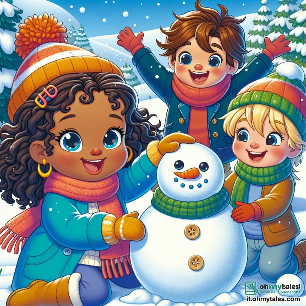 Una bambina di 5 anni, di nome Lilly, con lunghi capelli ricci e occhi scintillanti di gioia, sta giocando nella neve. Indossa un cappotto blu vivo, un berretto rosso e guanti gialli, e ride mentre costruisce un pupazzo di neve, con le braccia alzate in segno di vittoria. Accanto a lei, il suo amico Marco, un ragazzo di 6 anni con capelli castani disordinati e un sorriso splendente, sta rotolando una grande palla di neve per il pupazzo. Indossa una sciarpa verde e un cappotto nero. Sofia, un'altra amica di 5 anni con capelli biondi intrecciati e guance rosa, sta decorando il pupazzo di neve con una carota per il naso e bottoni di pietra. Si trova proprio accanto a Lilly, condividendo il suo entusiasmo. Il luogo è una collina innevata, circondata da alberi coperti di neve scintillante, sotto un cielo blu chiaro punteggiato di nuvole bianche. La scena principale mostra Lilly e i suoi amici mentre costruiscono un pupazzo di neve, ridendo e divertendosi insieme, godendosi la magia dell'inverno.
