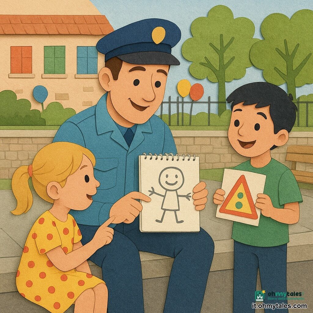 Un poliziotto sui trent'anni, sorridente e gentile, capelli castani corti, giacca azzurro chiaro con fascia bianca, seduto sul bordo del marciapiede con postura aperta, mostra su un piccolo taccuino a spirale un disegno a due bambini; una bambina di circa 7 anni, capelli biondi a duecodini, vestito giallo a pois rossi, seduta a sinistra e meravigliata indica il disegno; un bambino di circa 6 anni, capelli neri e maglietta verde, in piedi a destra mostra al poliziotto un piccolo segnale colorato di carta; sullo sfondo una scuola bassa in pietra con persiane colorate, una fila di alberi con foglie verdi, pavé lucidi, una panchina in legno e alcuni palloncini appesi a una grata; scena luminosa in colori pastello vivaci, texture da carta ritagliata, contorni netti, ombre morbide, atmosfera calda e tranquilla di condivisione e apprendimento.
