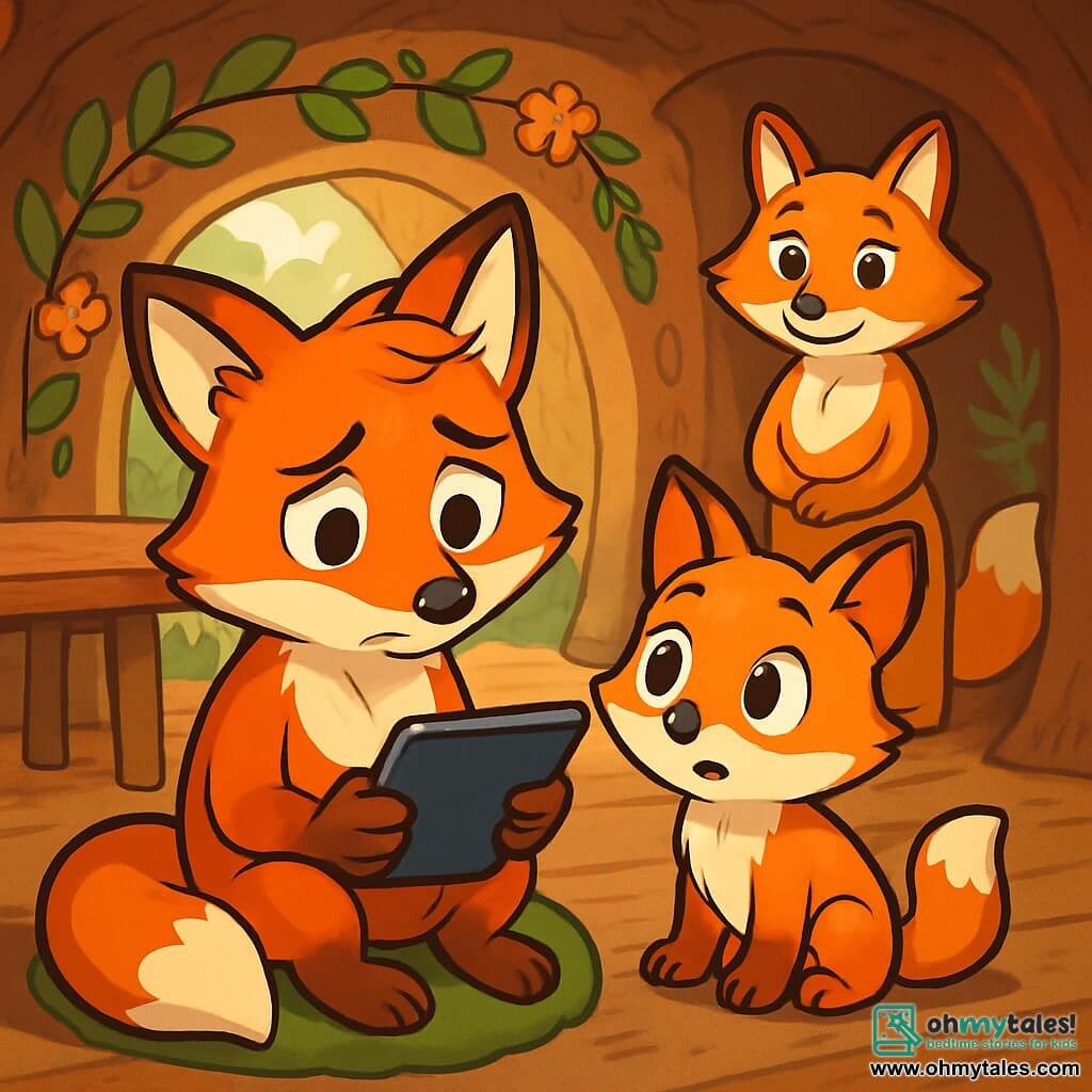 Max the fox, with his shiny red fur and big curious eyes, sits on a green moss cushion, looking pensive and a bit sad, holding his tablet in his paws. Next to him, Ollie the little brother, a young fox with white spots on his belly, gazes at the tablet with wonder but also a bit of worry, sitting on the wooden floor. In the background, Mrs. Fox, their mother, with golden-brown fur and a gentle smile, stands near the wooden table, watching her sons with a concerned expression. The scene takes place in a warm fox den, with earthen walls and decorations of leaves and flowers. Soft light filters through the entrance, creating a welcoming atmosphere. Realizing he has spent too much time on his screen, Max looks around, wondering how to regain the joy of playing outside with his family.