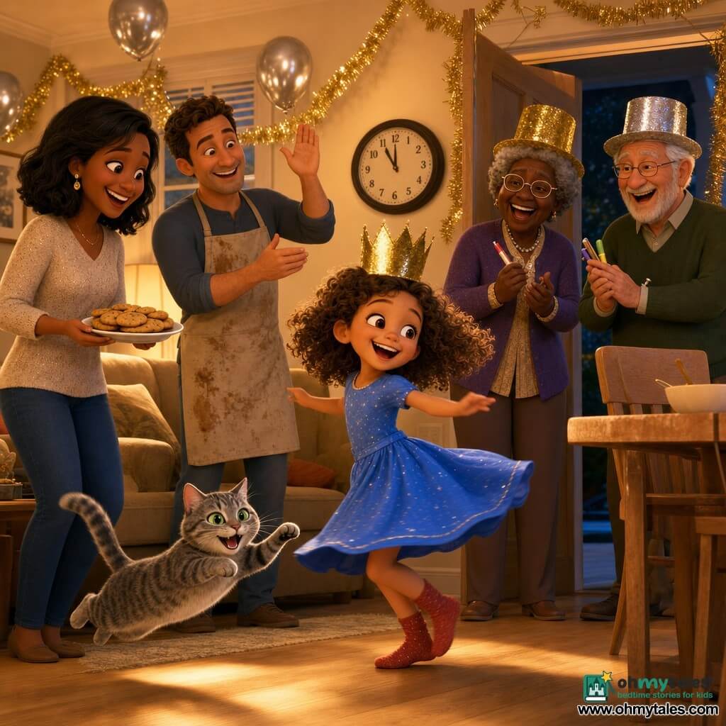 A joyful 4-year-old girl with curly light brown hair, bright eyes, wearing a twirling blue dress, red socks and a gold paper crown dances center stage doing "tap, spin, wiggle"; a tender-faced dad (30–35) with short brown hair in a wrinkled apron stands by the table applauding with a raised hand; a laughing mom (30–35) with mid-length black hair holds a plate of golden cookies left of the beige sofa, proud; grandparents (60–70) in glitter hats laugh near the front door, clapping and holding small colorful party noisemakers; a playful gray tabby with sparkling green eyes jumps by the girl's feet; the warm, bright living room has light wood floors, gold garlands, silver balloons and a small wall clock near midnight — the family celebrates New Year's Eve as the girl shows her special dance amid warm lights and shimmering decorations.