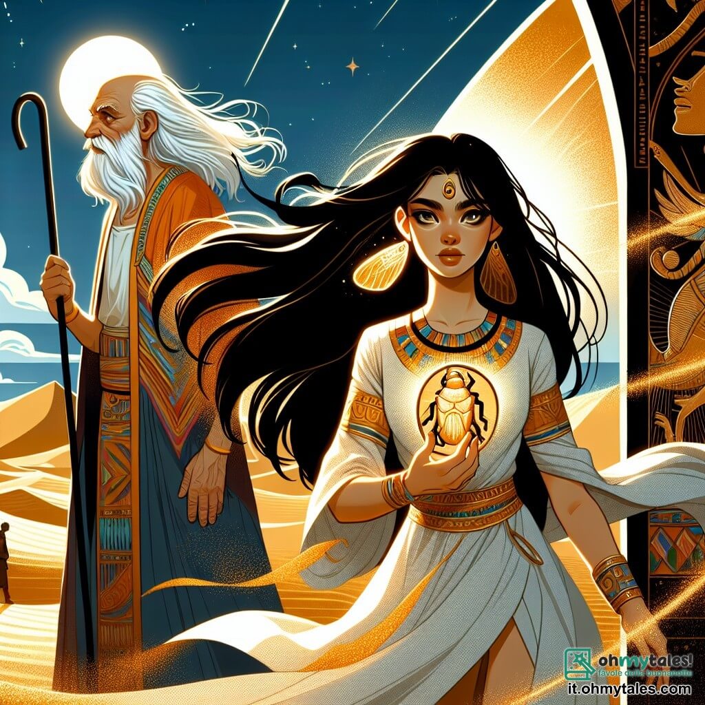 Al centro dell'immagine, Nefertari, una giovane donna di circa 20 anni, si erge fiera, i suoi lunghi capelli neri fluttuano nel vento come onde notturne. I suoi occhi brillano di una determinazione ardente, mentre brandisce un amuleto a forma di scarabeo scintillante nella mano. Indossa un abito di lino bianco, decorato con motivi dorati, che evoca saggezza e forza. Accanto a lei, un uomo anziano di circa 60 anni, un nomade con la barba bianca, osserva con ammirazione. È vestito con una tunica colorata e tiene un bastone da passeggio, pronto ad aiutarla nella sua ricerca. Sullo sfondo, un paesaggio desertico si estende a perdita d'occhio, con dune dorate sotto un cielo blu splendente. Il sole brilla intensamente, proiettando ombre lunghe e misteriose. La scena rappresenta il momento cruciale in cui Nefertari si prepara ad affrontare il titan che si risveglia, una creatura colossale che emerge dalla terra, provocando vibrazioni nel suolo. L'atmosfera è carica di tensione e magia, illustrando il combattimento tra il coraggio di Nefertari e la minaccia del titan.