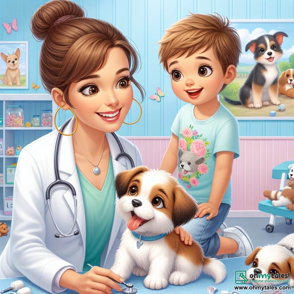 Dr. Lily, a smiling and caring veterinarian in her thirties with brown hair in a bun, wears a white coat and a stethoscope around her neck. She is crouched next to a small puppy, Max, with a gentle and reassuring look. Tommy, an 8-year-old boy with messy blonde hair and a colorful t-shirt, stands beside her, excitedly reaching out to pet Max. His 6-year-old sister Mia, with long brown hair in a floral dress, leans forward with a big smile, ready to show love to the puppy. The scene takes place in a bright and welcoming veterinary clinic with pastel blue walls, animal posters, and scattered pet toys. Dr. Lily is giving Max medication, who seems happier, while Tommy and Mia encourage him with sweet words, creating a warm and loving atmosphere.