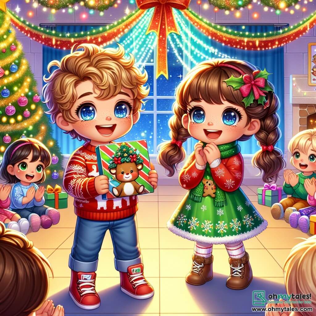 A 4-year-old boy named Max, with curly hair and bright blue eyes, is holding a large colorful Christmas card, his face beaming with joy and excitement. He wears a red sweater with a reindeer pattern and jeans. Next to him is his best friend, Lily, also 4, with long brown hair in braids, smiling in wonder at the card Max gave her. She wears a green dress with snowflake patterns. The scene takes place in a festive classroom decorated with sparkling garlands, colorful Christmas ornaments, and a large illuminated tree in the corner. Christmas drawings are hung on the walls, and tables are covered with gingerbread cookies and small gifts. Max and Lily are at the center of the image, surrounded by their classmates who are clapping and smiling, creating a joyful and warm atmosphere. The main situation shows Max proudly giving his Christmas card to Lily, symbolizing friendship and the magic of Christmas.