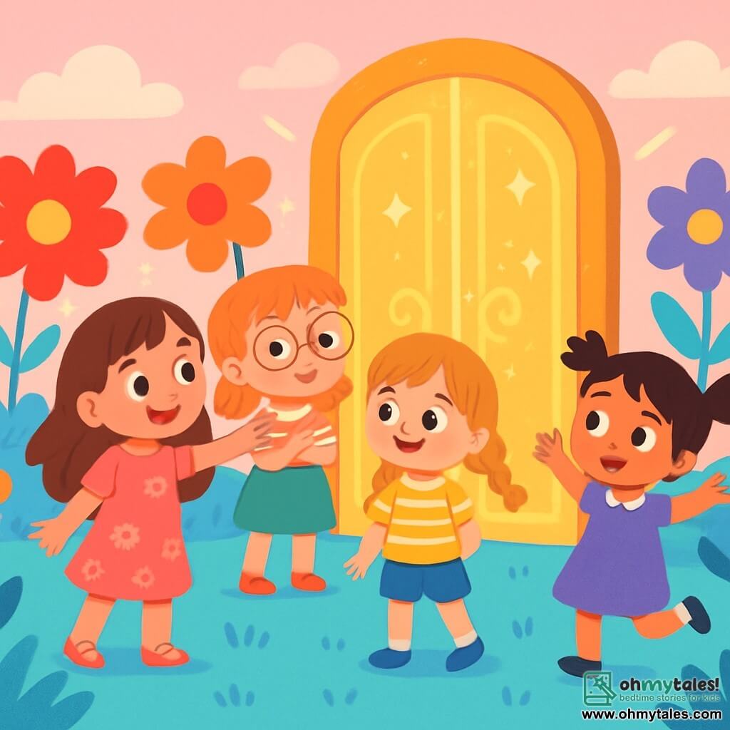 There are four children: Mia, a 6-year-old girl with long brown hair and sparkling eyes, wearing a pink dress with flowers, standing on the left and pointing at a shiny door. Ava, a 5-year-old girl with braided blonde hair and a joyful smile, is next to Mia in a yellow t-shirt and blue shorts, looking curiously at the door. Lily, a 6-year-old girl with red hair and round glasses, wears a green skirt and a striped t-shirt, standing slightly behind Ava with her arms crossed, looking intrigued. Zoey, a 5-year-old girl with black hair in pigtails, wears a purple dress and stands on the right, bouncing with excitement while looking at the door. The setting is a magical garden with bright blue grass and a pastel pink sky, surrounded by giant colorful flowers, with a large sparkling door adorned with golden patterns in front of them. The main scene shows the children, amazed in front of the magical door, holding hands and ready to enter a fantastical world, with expressions of joy and adventure on their faces.