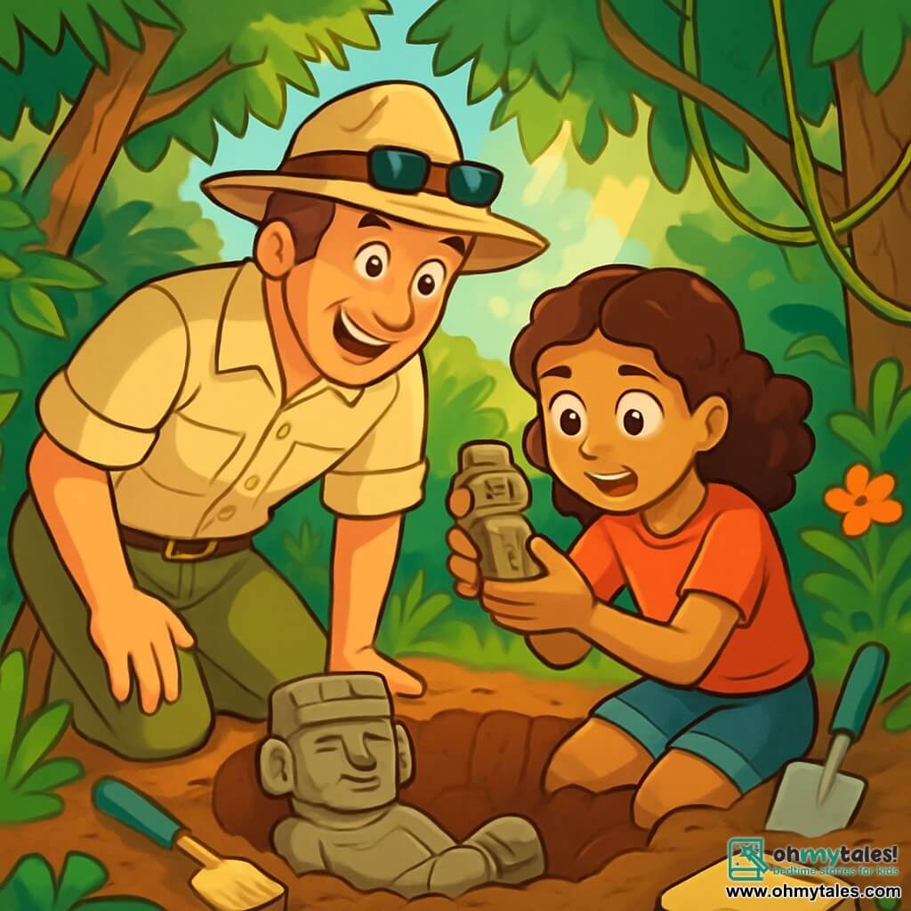 A man in his forties, Dr. Oliver Hawthorne, is leaning over an excavation in the jungle, his face lit up with excitement and curiosity. He wears a straw hat, a beige shirt, and cargo pants, with sunglasses on his forehead. Next to him, a 12-year-old girl, Maria, with curly brown hair, is closely observing a stone figurine she holds in her hands, her eyes wide with wonder. The setting is a dense jungle, with majestic trees, vibrant green leaves, hanging vines, and colorful flowers emerging from the ground. Sunbeams pierce through the foliage, illuminating scattered archaeological tools around them. The main scene shows Oliver and Maria discovering a stone statue, a chacmool, partially buried in the ground, surrounded by brown earth and roots, symbolizing their quest to uncover the secrets of the Maya civilization.