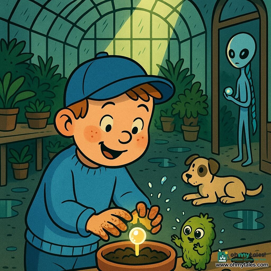 A 6-year-old boy with a round face and freckles, smiling and focused with small dirt-streaked hands, plants a shiny seed in a pot while wearing a light-blue sweater and cap; a knee-high slim alien with a long braid of blue light and round button-like eyes watches from outside a porthole holding a glass bead, calm and kind; Miri, an inch-tall mossy-green furry creature with moist round eyes, stands on the bench applauding and scattering dewdrops; Patch, a small beige dog with a black eye spot, lies relaxed at the greenhouse entrance; the greenhouse is a large rounded-glass structure with a dark damp floor, wooden benches of pots, green light beams from a skylight, puddles and varied plants; the scene is an intimate, luminous moment as the boy plants the magical seed under the skylight, the glass bead glowing, with warm colors and textured details.