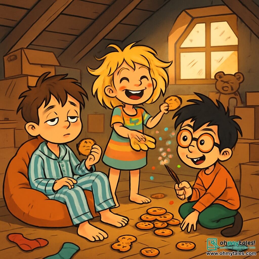 There are three characters: Milo Snuggleby, a 10-year-old boy with messy brown hair and tired eyes, wearing striped pajamas and sitting on a beanbag, looking sleepy while holding a cookie; Tilly Trundle, a 9-year-old girl with messy blonde hair and a big smile, wearing a colorful dress and standing surrounded by cookies, ready to share with her friends; and Jasper Jinx, a 10-year-old boy with tousled black hair and round glasses, crouched down holding a magic wand that sneezes confetti, with a mischievous expression. The scene takes place in Milo's attic, cluttered with boxes, old toys, and scattered socks, with a beam of light filtering through a dusty window, casting a warm golden glow. The main situation shows the three friends laughing together, Milo dozing on his beanbag, Tilly offering cookies, and Jasper throwing confetti with his wand, creating a joyful and playful atmosphere.