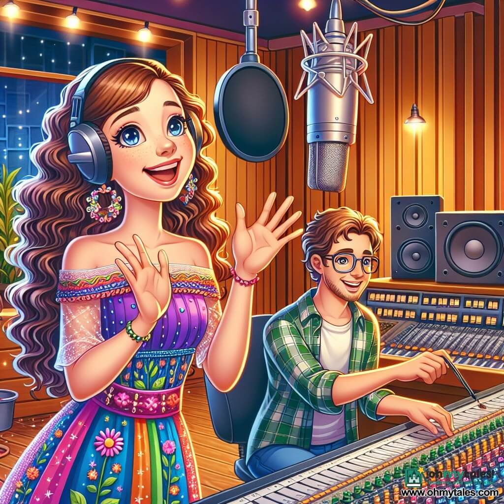 Mira, a smiling young woman with long curly hair and a colorful dress, stands in a warm recording studio. Her eyes shine with excitement and focus as she sings into a microphone, her hands open as if welcoming the music. Next to her, Sam, a man in his thirties with glasses and a plaid shirt, adjusts the buttons on a mixing console, smiling proudly as he admires Mira. The studio is filled with warm wood panels, green plants adding a touch of life, and a large glass panel separating the control room. Colorful cables snake across the floor, and soft lighting creates a welcoming and creative atmosphere. The scene shows Mira joyfully singing, surrounded by the sounds of children's claps resonating through the studio, while Sam adjusts the settings to capture the magic of their musical collaboration.
