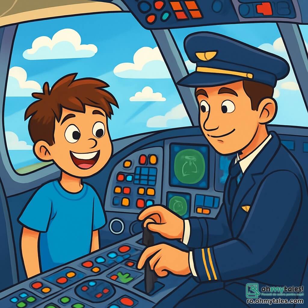 Un băiat tânăr pe nume Andrei, de aproximativ 10 ani, se află în interiorul unui cockpit de avion, cu ochii mari de uimire și bucurie. Are părul castaniu zburlit, un tricou albastru aprins și un zâmbet strălucitor. Lângă el, un pilot adult pe nume Radu, în jur de 30 de ani, poartă o uniformă de pilot albastru închis și o șapcă elegantă. Este concentrat, ajustând instrumentele de zbor, aruncându-i o privire prietenoasă lui Andrei. Cockpitul este plin de butoane colorate, ecrane luminoase și manete, având o vedere spectaculoasă asupra unui cer albastru azur prin parbriz, presărat cu nori albi pufoși. În fundal, se zărește solul care se îndepărtează, cu case miniaturale și drumuri sinuoase. Situația principală arată cum Andrei și Radu sunt în zbor, cu Andrei descoperind emoția de a zbura pentru prima dată, simțind o combinație de fericire și aventură.