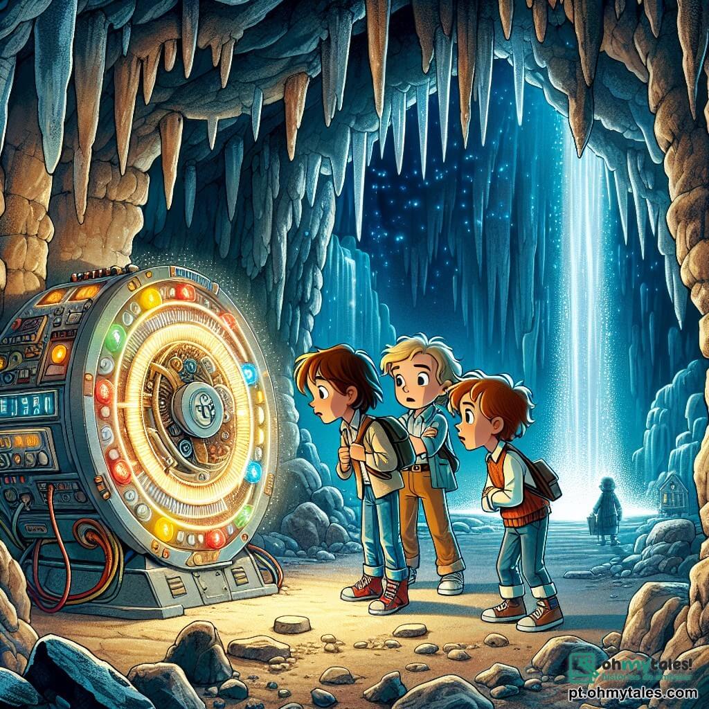 Em uma caverna misteriosa, três amigos se reúnem, iluminados pela luz de uma máquina do tempo. Miguel, um garoto de 10 anos com cabelos castanhos bagunçados e olhos curiosos, está inclinado sobre um botão brilhante da máquina, seu rosto iluminado pela excitação. À sua direita, Ana, uma menina de 9 anos com cabelos longos e cacheados, usa um vestido colorido e observa Miguel atentamente, seus olhos brilhando de inteligência e entusiasmo. À esquerda, Lucas, um garoto de 10 anos com cabelos loiros e traços aventureiros, cruza os braços com um sorriso travesso, pronto para explorar esse mundo desconhecido. A caverna é ampla, com paredes de pedra rugosa e estalactites pendendo do teto. Uma cascata cintilante flui ao fundo, criando uma atmosfera mágica. A máquina do tempo, no centro da cena, é redonda, adornada com botões coloridos e engrenagens que parecem vibrar de energia. Os amigos estão prestes a ativar a máquina, ansiosos para partir em uma aventura através do tempo, cheios de excitação e curiosidade sobre o que os espera no passado.