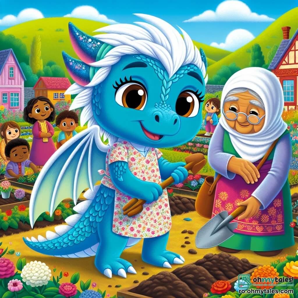 Un dragon mic albastru numit Puf, cu solzi strălucitori și aripi mari translucide, stă în centrul unei grădini comunitare colorate, zâmbind cu entuziasm în timp ce plantează semințe în pământul fertil. Lângă el, o bătrână cu fața blândă, cu părul argintiu și un sort înflorat, numită mătușa Sofia, îl observă cu ochii strălucind de bucurie, ținând o mică lopată din lemn. În fundal, copii din diferite medii, îmbrăcați colorat, se ocupă cu veselie, udând plantele și râzând împreună. Scena se desfășoară într-un sat pitorești, înconjurat de coline verzi și flori strălucitoare, sub un cer albastru presărat cu nori albi pufoși. Situația principală arată cum Puf și prietenii săi sunt uniți într-un efort colectiv pentru a crea o grădină frumoasă, simbolizând speranța și solidaritatea în fața sărăciei.