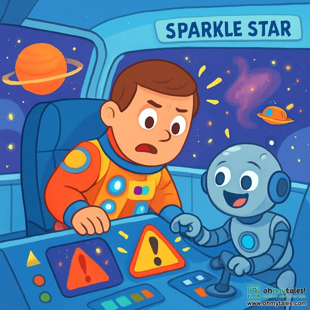 Commander Tom is sitting in his large pilot's chair, with a determined look and a confident smile. He is wearing a shiny spacesuit adorned with bright colors and blinking buttons. Next to him, a friendly robot with glowing eyes and a polished metal body is adjusting the ship's controls, looking enthusiastic and ready to help. The scene takes place inside the cockpit of the Sparkle Star, a futuristic spaceship with transparent glass walls, offering a spectacular view of the starry space. Colorful planets and shimmering nebulae are visible outside, creating a magical backdrop. Suddenly, the ship shakes, and Commander Tom leans forward with a worried expression to check the control screens. The lights are flashing, and an alert sounds, indicating they need to act quickly to assist a lost small vessel.