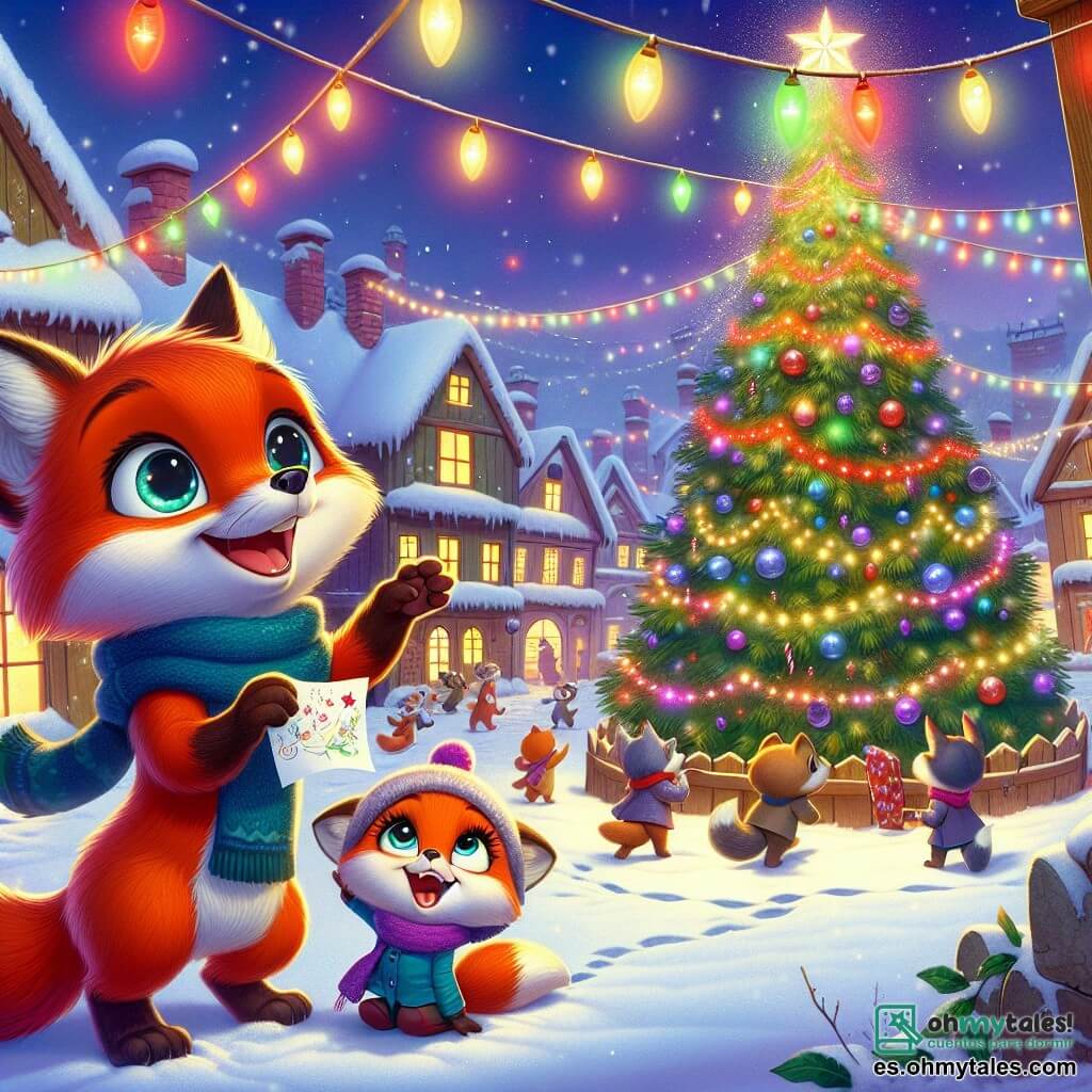 Renard, un zorro curioso con ojos brillantes y un pelaje rojo brillante, se encuentra en el centro de la escena, sonriendo con asombro mientras admira un gran árbol de Navidad decorado con guirnaldas de colores y luces centelleantes. A su lado, su hermana Lila, una pequeña zorra con un pelaje suave y una bufanda azul, salta de alegría, sus ojos brillando de felicidad, sosteniendo un papel en el que ha escrito su deseo para el nuevo año. La escena tiene lugar en la encantadora aldea de Nievecita, donde la nieve cubre el suelo como una alfombra blanca y luces multicolores iluminan las casas de madera con techos nevados. Los animales del pueblo se reúnen alrededor del árbol, creando una atmósfera festiva llena de risas y canciones. Renard y Lila están colgando sus deseos en el árbol, rodeados de sus amigos animales, mientras fuegos artificiales estallan en el cielo nocturno, iluminando sus rostros maravillados.