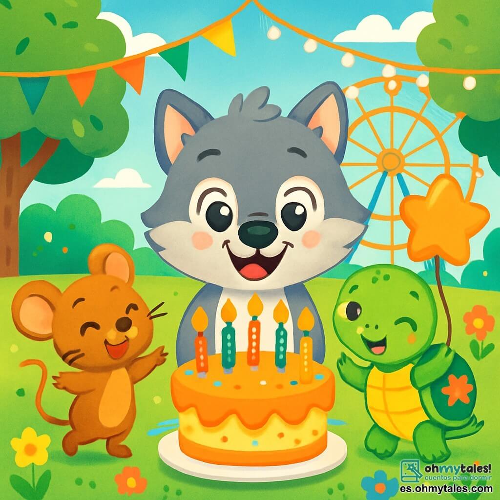 Un pequeño lobo llamado Lucas, con un suave pelaje gris y ojos brillantes de alegría, está en el centro de la escena, sonriendo ampliamente con un gran pastel de cumpleaños frente a él, decorado con velas de colores. A su derecha, una adorable ratoncita, con pelaje marrón claro y orejas redondas, baila alegremente, sus ojos brillando de felicidad. A su izquierda, una encantadora tortuguita con un caparazón verde adornado con flores, guiña un ojo mientras sostiene un globo en forma de estrella, mostrando una sonrisa cómplice. El lugar es un parque vibrante de colores, con árboles de hojas verdes brillantes, flores multicolores esparcidas sobre la hierba, y una gran rueda de la fortuna girando lentamente de fondo, iluminada por guirnaldas de luces centelleantes. La situación principal muestra a Lucas rodeado de sus amigos animales, todos celebrando su cumpleaños con risas, cantos y estallidos de alegría, creando una atmósfera festiva y mágica.