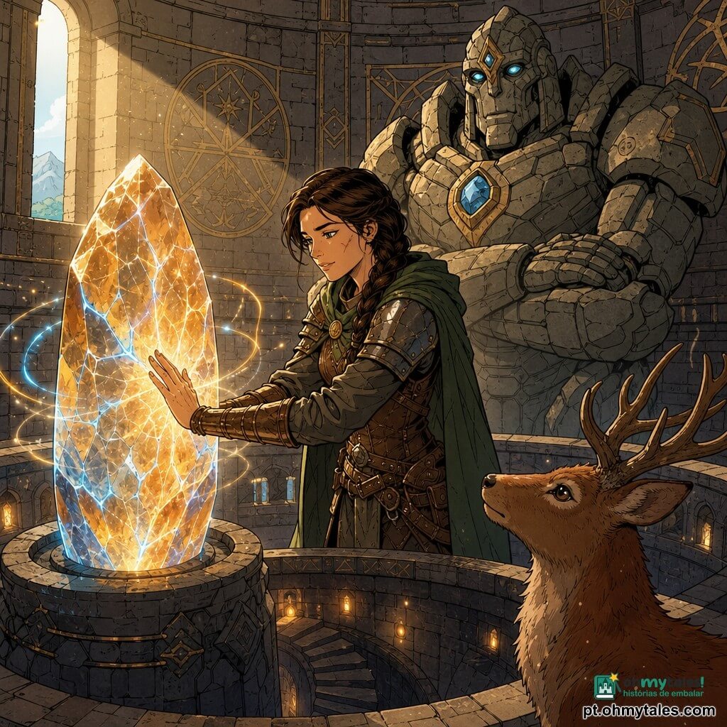 Elara, mulher de ~30 anos, rosto determinado e sereno, cabelo castanho em trança, cicatriz fina na bochecha esquerda, armadura leve de couro e metal envelhecido, capa verde amarrotada, em pé com a mão direita sobre um grande cristal luminoso, corpo levemente inclinado à frente e expressão concentrada e suave; atrás dela, a poucos passos, o Guardião de Pedra, gigantesco golem de pedra com olhos de gema brilhante e braços massivos cruzados; mais abaixo, à beira de um feixe de luz, um cervo selvagem de pelagem ruiva olha para Elara; no topo de uma torre antiga, sala circular de pedra fria com paredes gravadas em dourado e um espiral escuro visível ao fundo, poeira suspensa nos raios de luz; o cristal central pulsa como um coração, ondas de luz âmbar e azul se espalham, fissuras luminosas percorrem a pedra, atmosfera mágica e solene, tensão tranquila — a torre desperta.