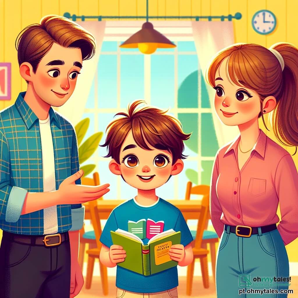 Um menino de 8 anos, chamado Pedro, está no centro da cena, com cabelos castanhos bagunçados e olhos brilhantes de curiosidade. Ele veste uma camiseta azul com um desenho de livro e um short bege, exibindo um sorriso caloroso enquanto segura um livro aberto à sua frente. À sua direita, sua mãe, uma mulher de cerca de 35 anos, tem cabelos longos e castanhos presos em um rabo de cavalo. Ela usa uma blusa rosa e jeans, olhando para o filho com ternura, pronta para ouvir. À sua esquerda, seu pai, um homem de aproximadamente 37 anos, com cabelos curtos e uma barba leve, veste uma camisa xadrez e calças pretas. Ele tem uma expressão atenta, inclinando-se levemente em direção a Pedro, demonstrando seu interesse. A cena ocorre em uma cozinha iluminada e acolhedora, com paredes amarelas e uma grande mesa de madeira no centro, cercada por cadeiras coloridas. Raios de sol filtram através de uma janela, iluminando desenhos de crianças pendurados na parede. Pedro propõe um jogo de comunicação, segurando o livro como um símbolo de sua discussão. Os pais o escutam atentamente, criando uma atmosfera calorosa e cheia de amor, onde cada um está pronto para compartilhar seus pensamentos e sentimentos.